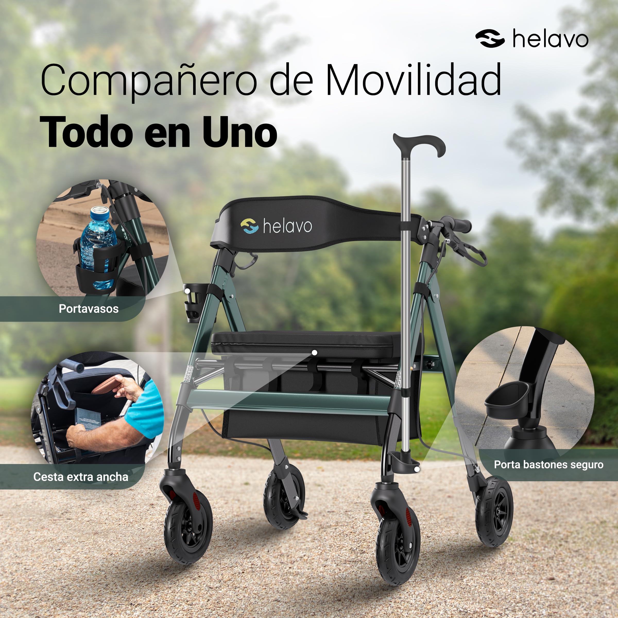 Helavo andador resistente con ruedas de caucho antipinchazos para exteriores - Andador amplio extra de aluminio con asiento espacioso y ajustable en altura - Soporta hasta 226 kg