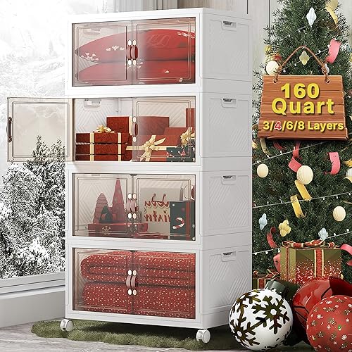 Miniatura 3 de Contenedores de almacenamiento apilables de 640 cuartos de galón con tapas, paquete de 4 contenedores grandes plegables con ruedas, armario de