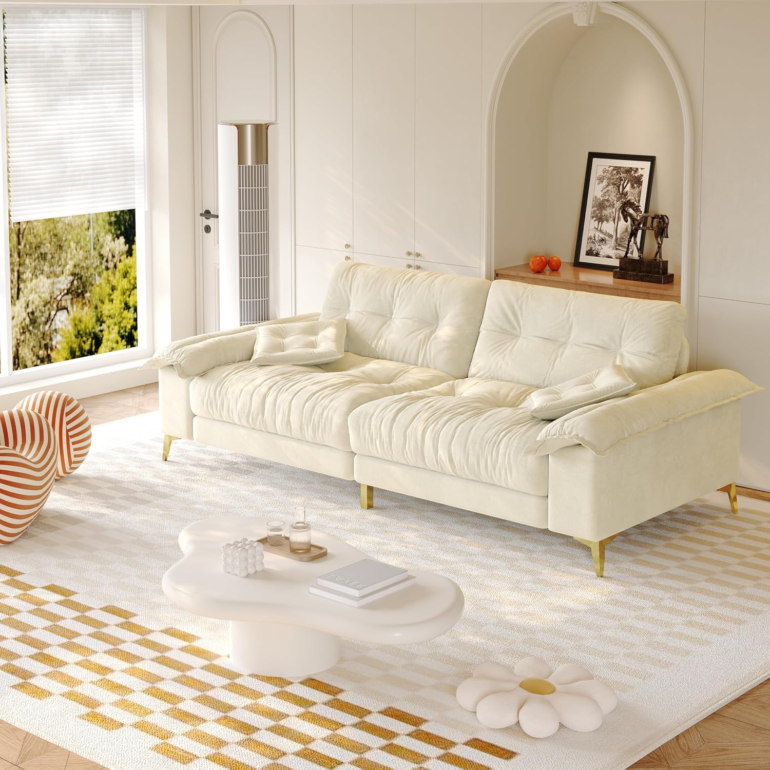 104.7'' Oversized Modern Loveseat, Luxury Chenille Couch, Deep Seat Modular Sectional Sofa, Removable Padded Armrests, Tufted Back, Gold Legs, 4-Seater Couches for Living Room Apartment, Beige