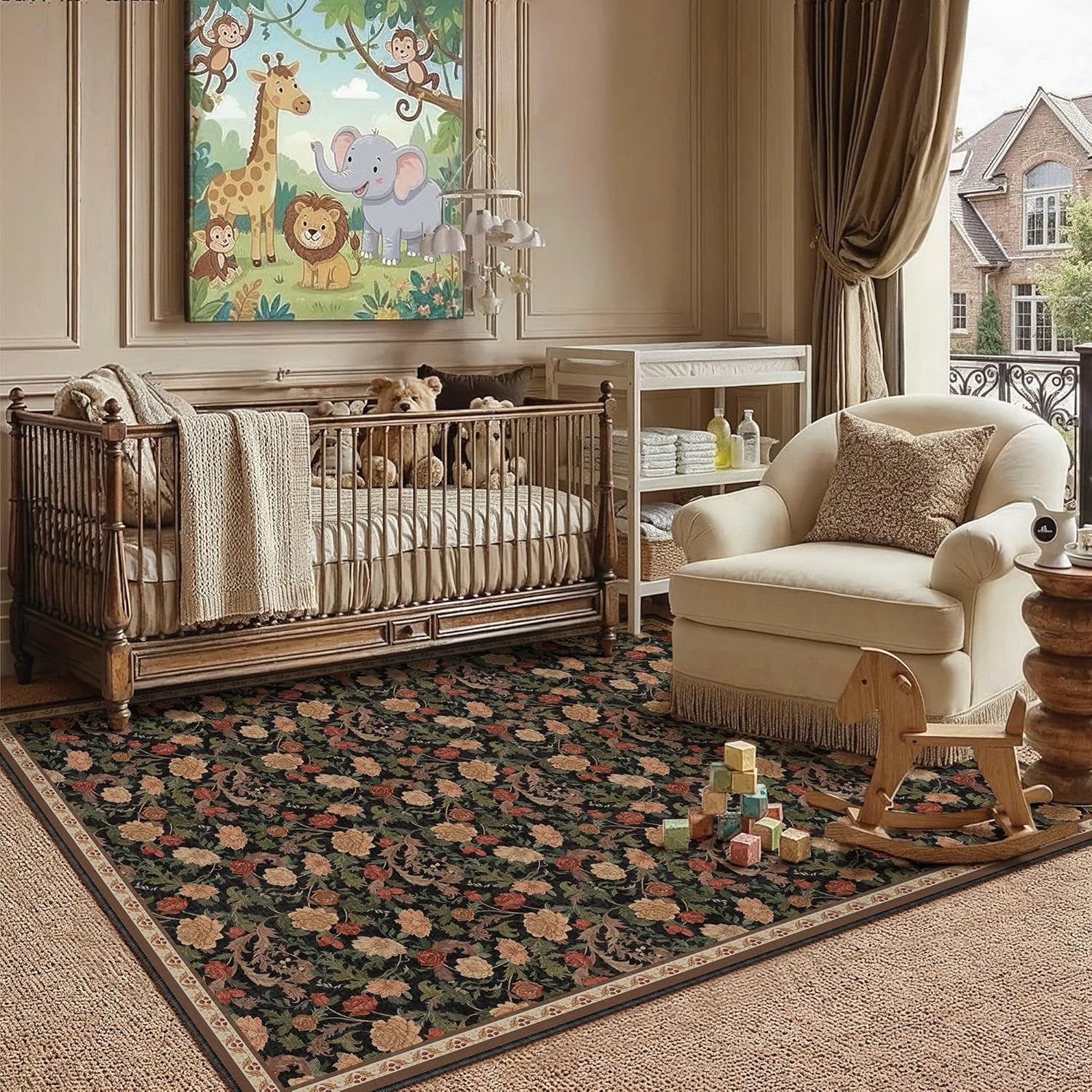 HUGEAR Retro Area Rugs 3x5 Washable Living Room Bedroom Rugs Vintage Floral Throw Carpet Black Brown Stain Resistant Non Slip Low Pile for Home Aesthetic Modern Decor