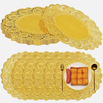Gueevin 200 Pcs Gold Paper Placemats Disposable Lace Round Paper Placemats Decorative Disposable Placemat Doilies for Dining Wedding Table Decoration Festive Party Birthday Holiday Gold,12 Inch