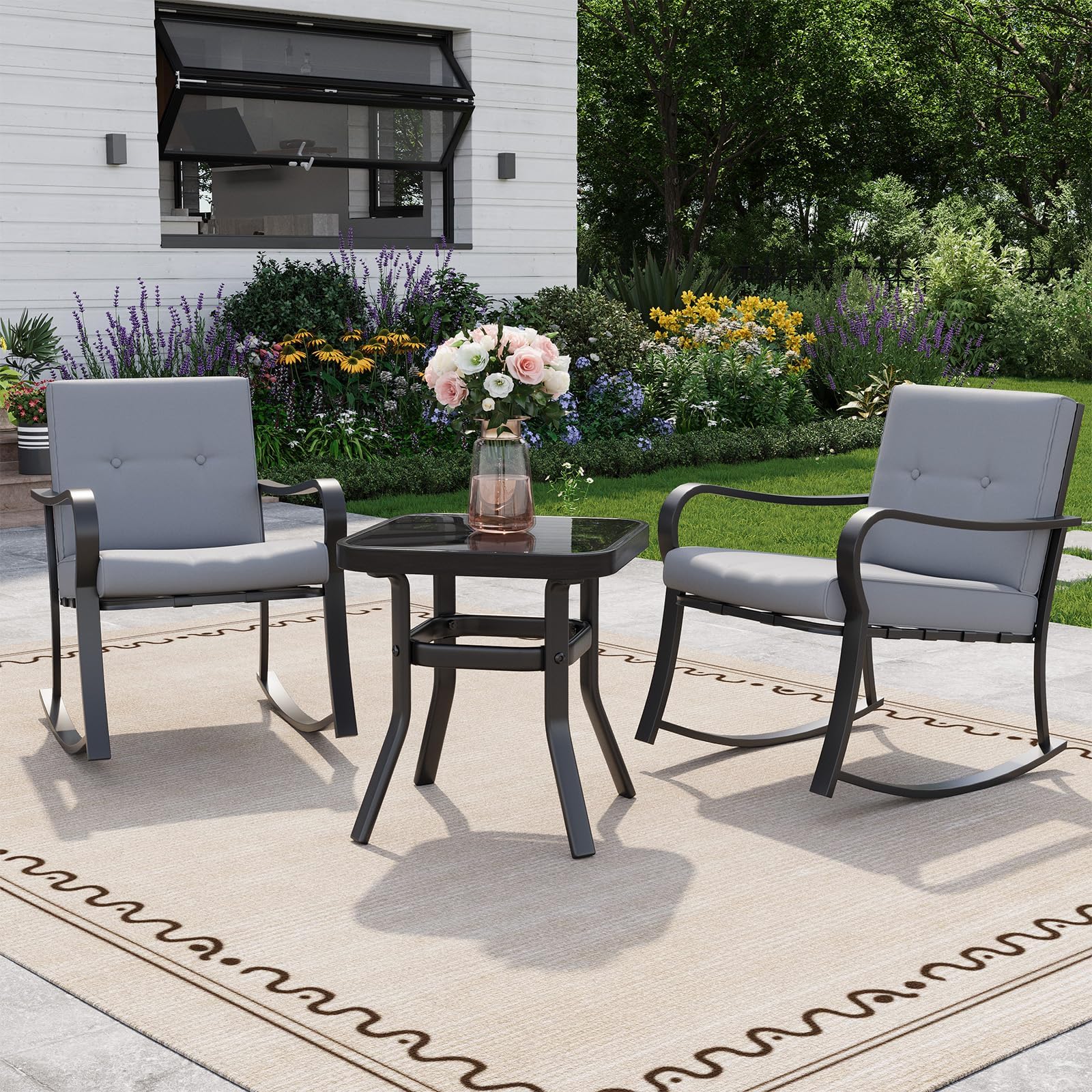3 Piece Outdoor Patio Bistro Set โ Outdoor Rocking Chairs Set of 2 with Thickened Grey Cushions & Coffee Table, All-Weather Metal Frame Rocker Chairs for Porch, Garden, Backyard, Pool and Balcony