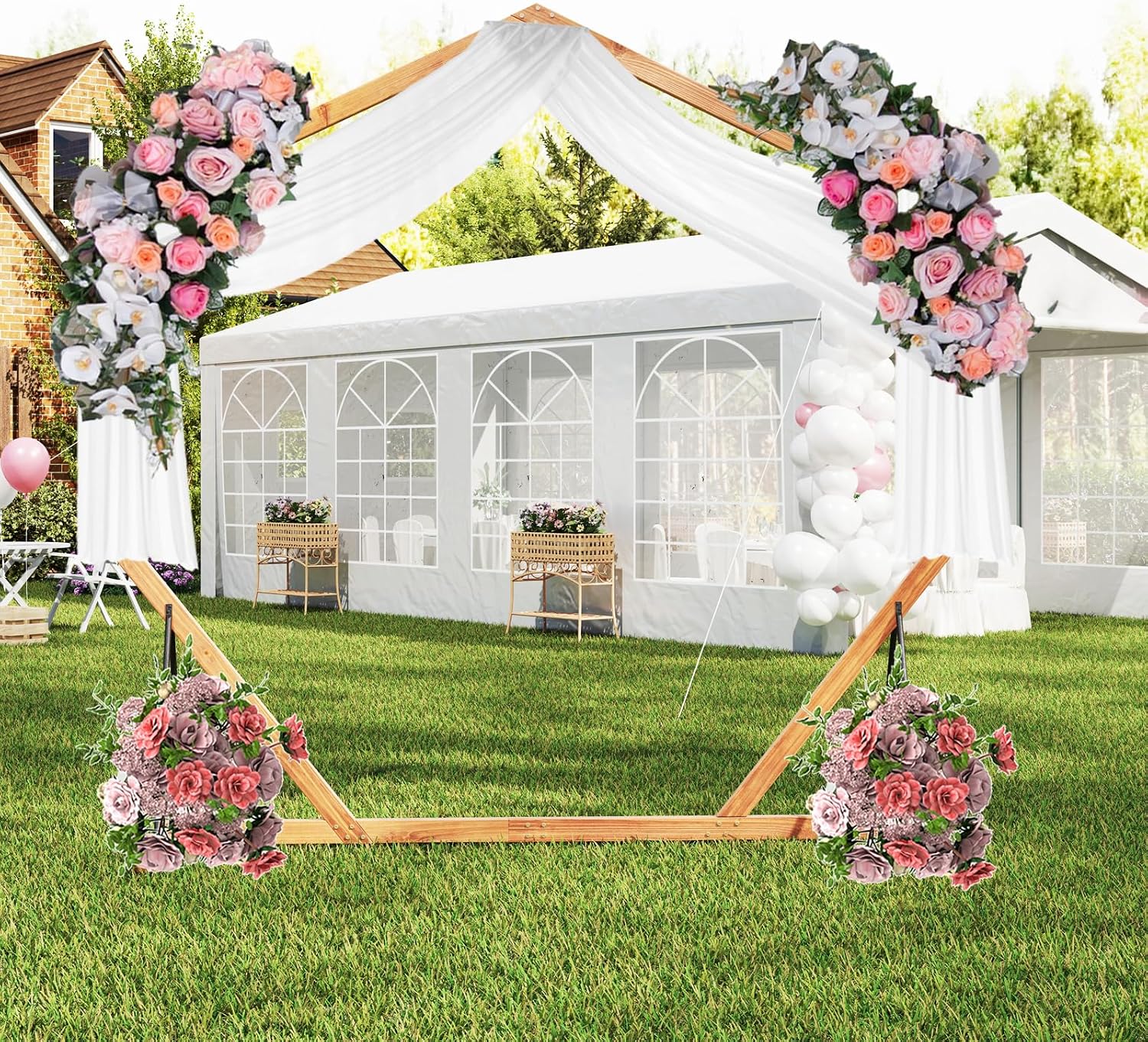 COSTWAY 7 FT Wooden Wedding Arch for Ceremony, Heptagon Solid Wood Arch Stand, Outdoor Arbor Backdrop Stand for Indoor Party Garden Proposal Birthday Beach Forest Rustic Boho Decoration, Brown