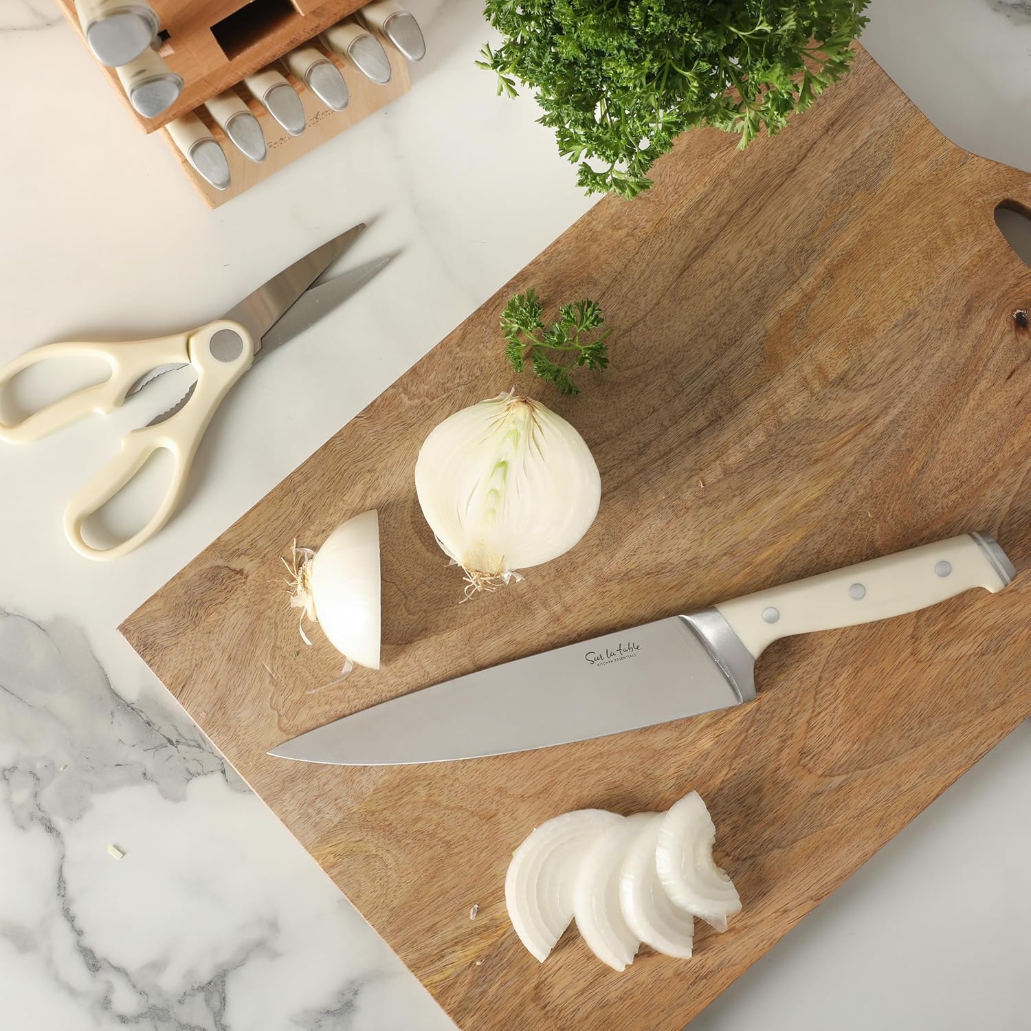 Sur La Table Kitchen Essentials 14 Piece Cutlery Set, German Steel Forged Knives, Beech Wood Block, Chef, Santoku, Bread, Steak Knives, Shears & Sharpener - Linen White