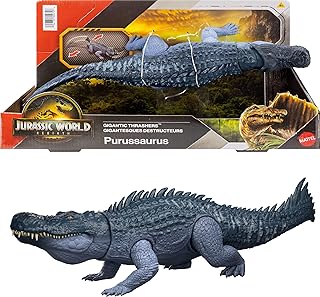 Mattel Jurassic World: The Rebirth Gigantic Thrashers Dinosaur Figure, Purussaurus Large Species Toy, 2 Stomping Attacks, Digital Fun, JGB94