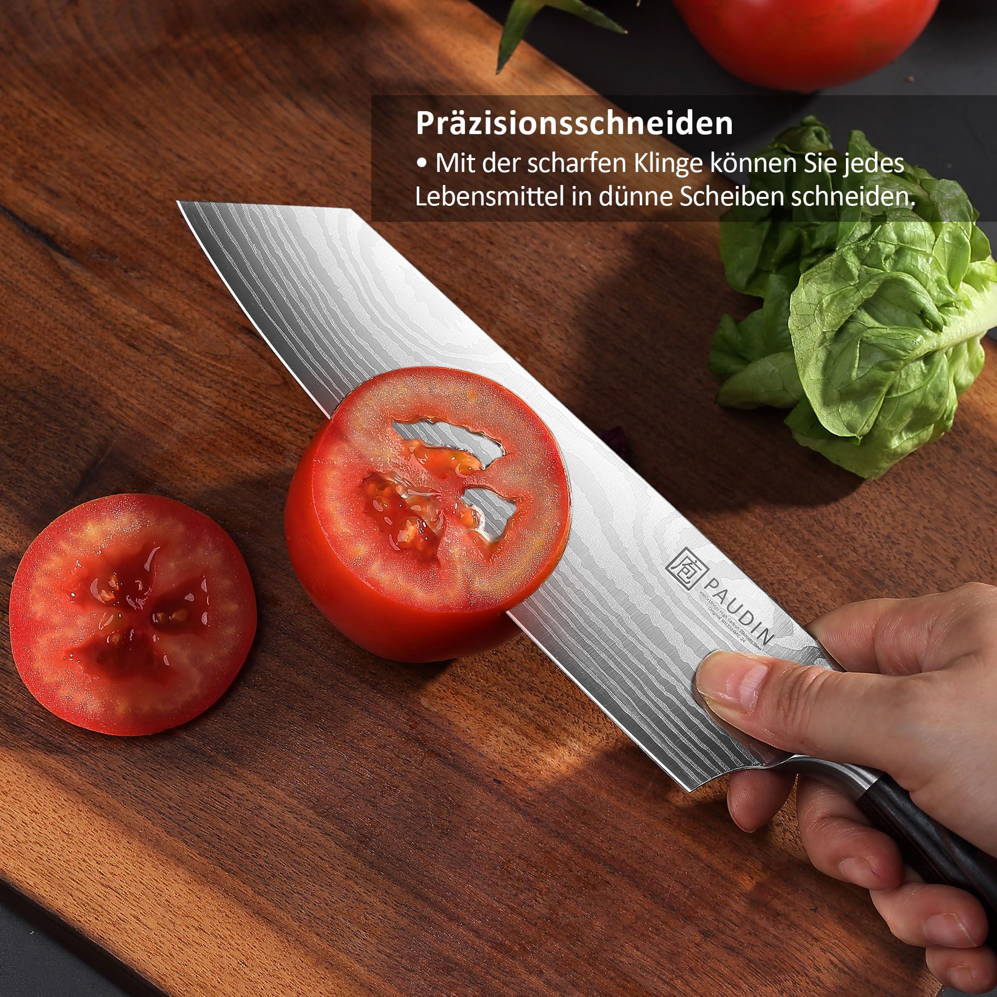 PAUDIN Coltello Santoku da 20 cm, coltello da chef giapponese Kiritsuke, coltello da cucina affilato in acciaio inossidabile ad alto tenore di carbonio, impugnatura ergonomica, perfetto per carne