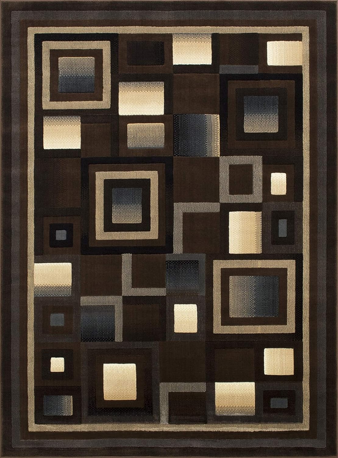 HR Abstract Chocolate Brown/Black/Gray Geometric Modern Squares Pattern 5'2" x 7'2" Area Rug