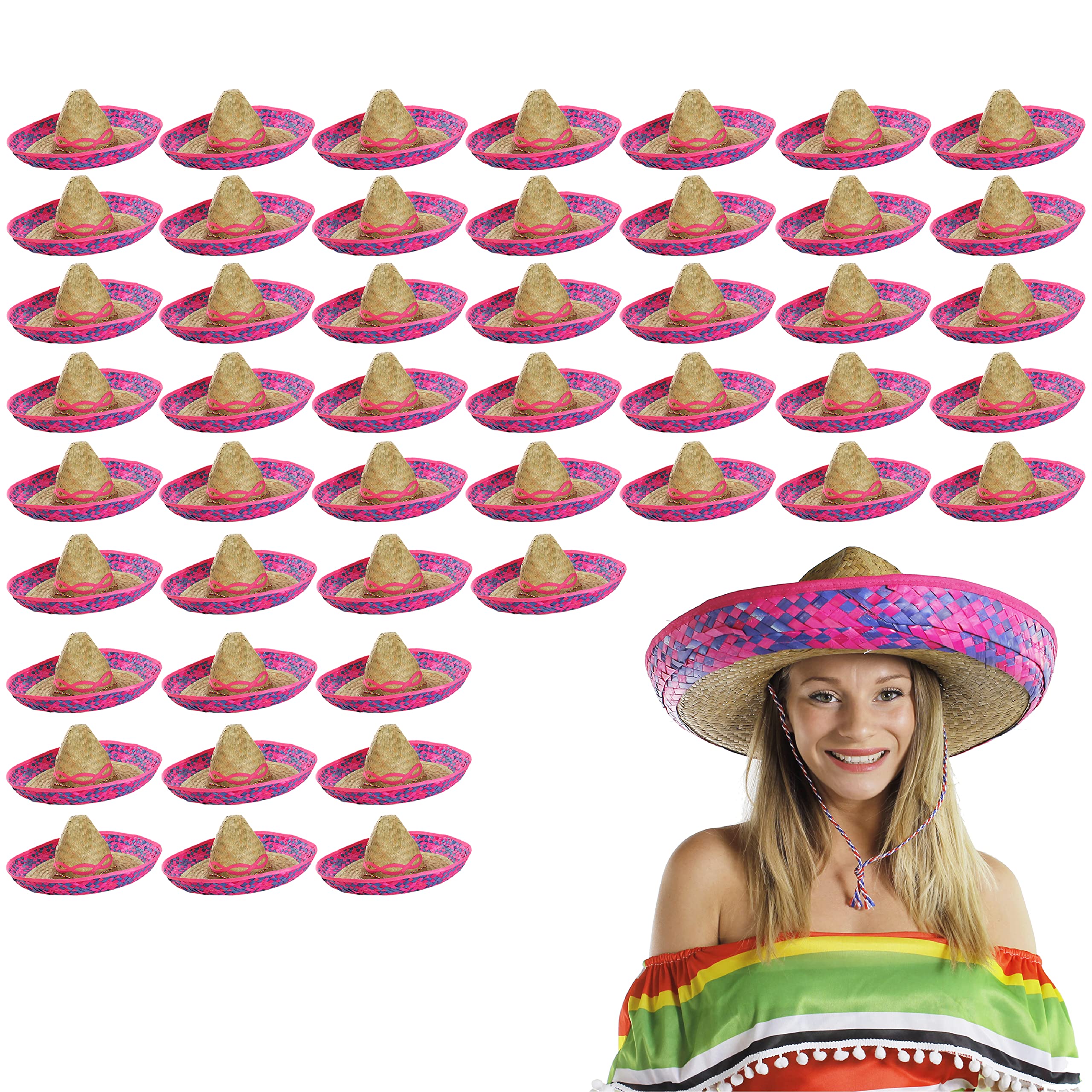 Mexican Pink Embroidered Sombrero - Pack of 48 - Straw Hat Fancy Dress Holiday Accessory Ideal for Hen Night, Beach Party