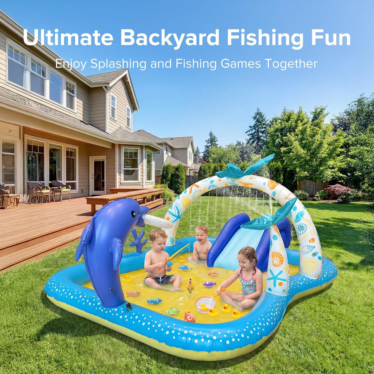 Kiddie Pool with Slide Inflatable Play Center Wading Lounge Kids Pool, Coconut Palm Sprinkler, Water Game Play Center, 95''x75''x40'', White (Blue-White)