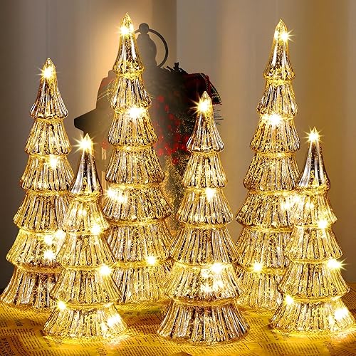 6 piezas de árbol de Navidad de cristal plateado, decoración de Navidad iluminada, árboles de Navidad con luces, funciona con pilas, para mantel de