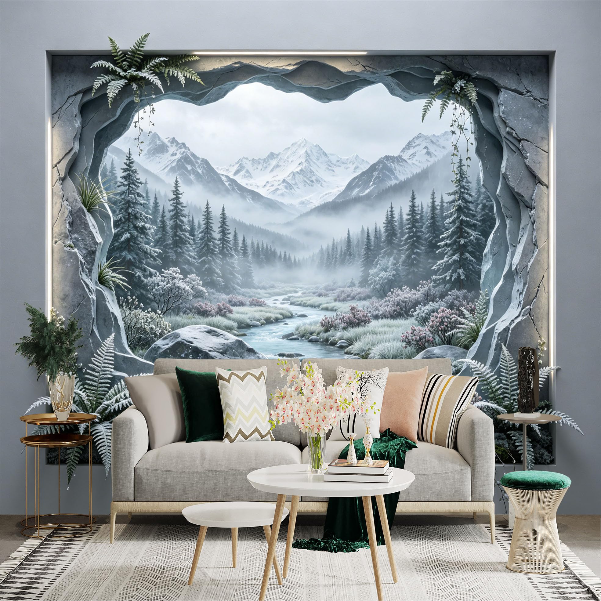 Custom Size Wall Sticker Mural， Snowy Mountain River with Pine Forest and Misty Landscape， for wall Decoration， peelandstick wall Decals.