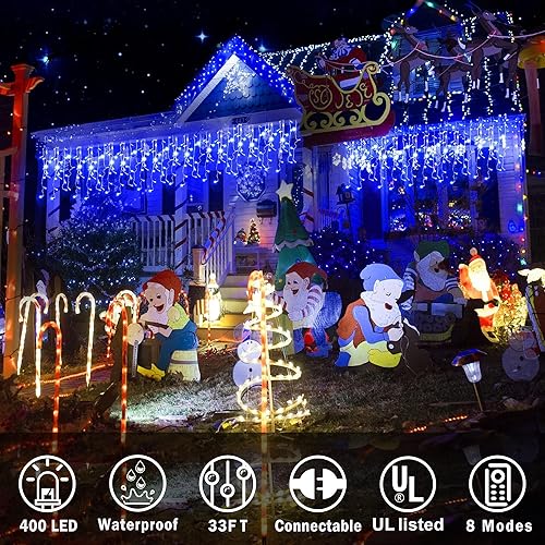 Vista 13 de KNONEW 164 pies 1600 luces LED de Navidad decoración al aire libre, temporizador blanco, 8 modos de luces colgantes con 320 gotas, enchufe en Blanco
