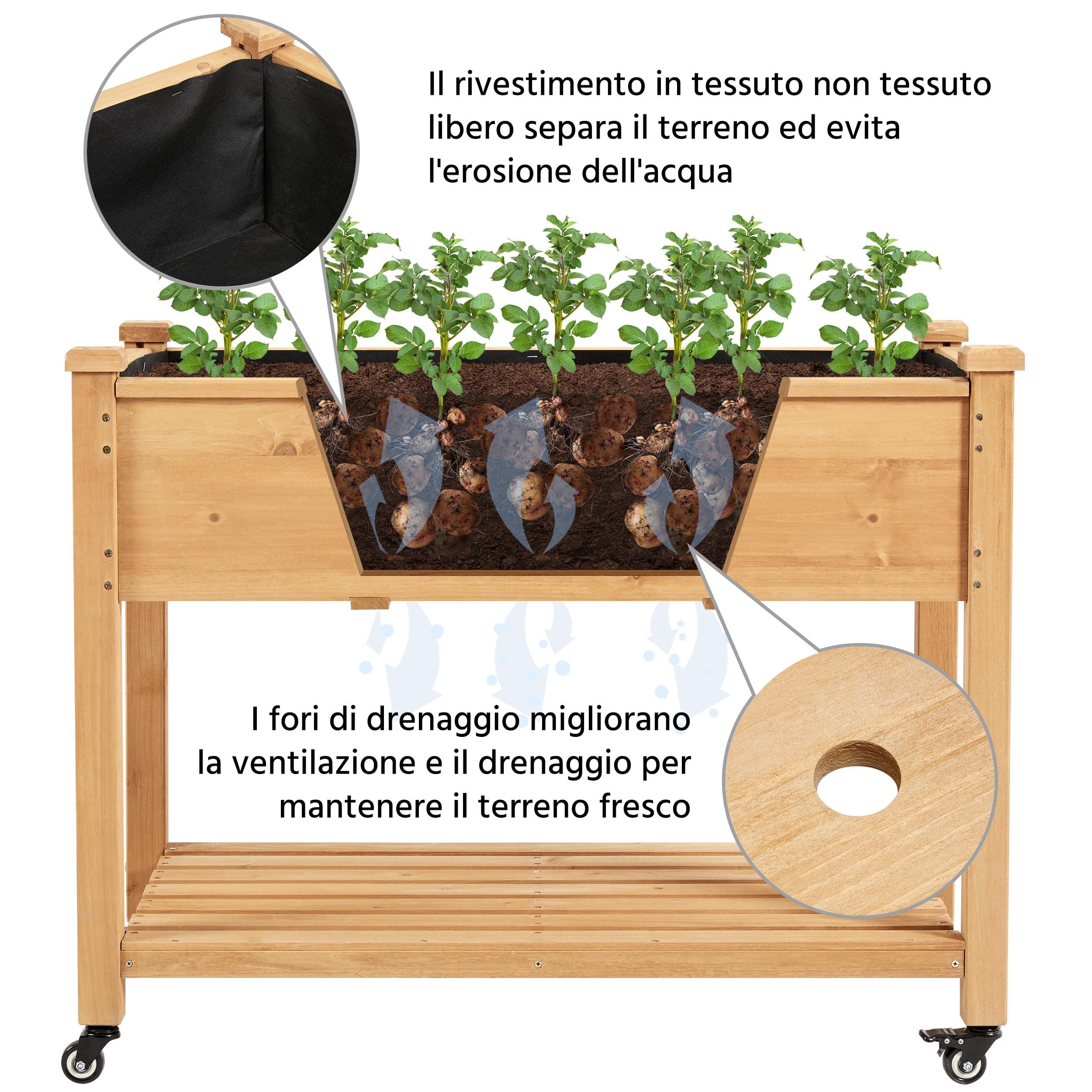 Yaheetech Fioriera/Aiuola Rialzata da Esterno Balcone Orto Letto Rialzato da Giardino per Piante in Legno Abete con Ruote Ripiano 105,5 x 56,5 x 83,5 cm