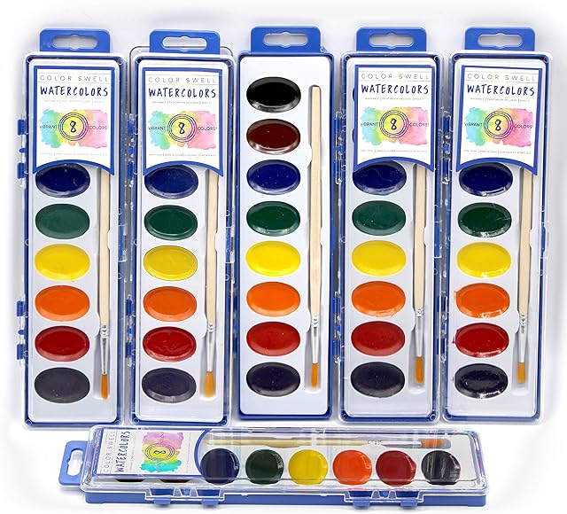 6 Set Watercolour Paint Pack with Wood Brushes 8 Colours Washable Water Colours Perfect for Kids Adults Parties Students Classroom Bulk by Color Swell