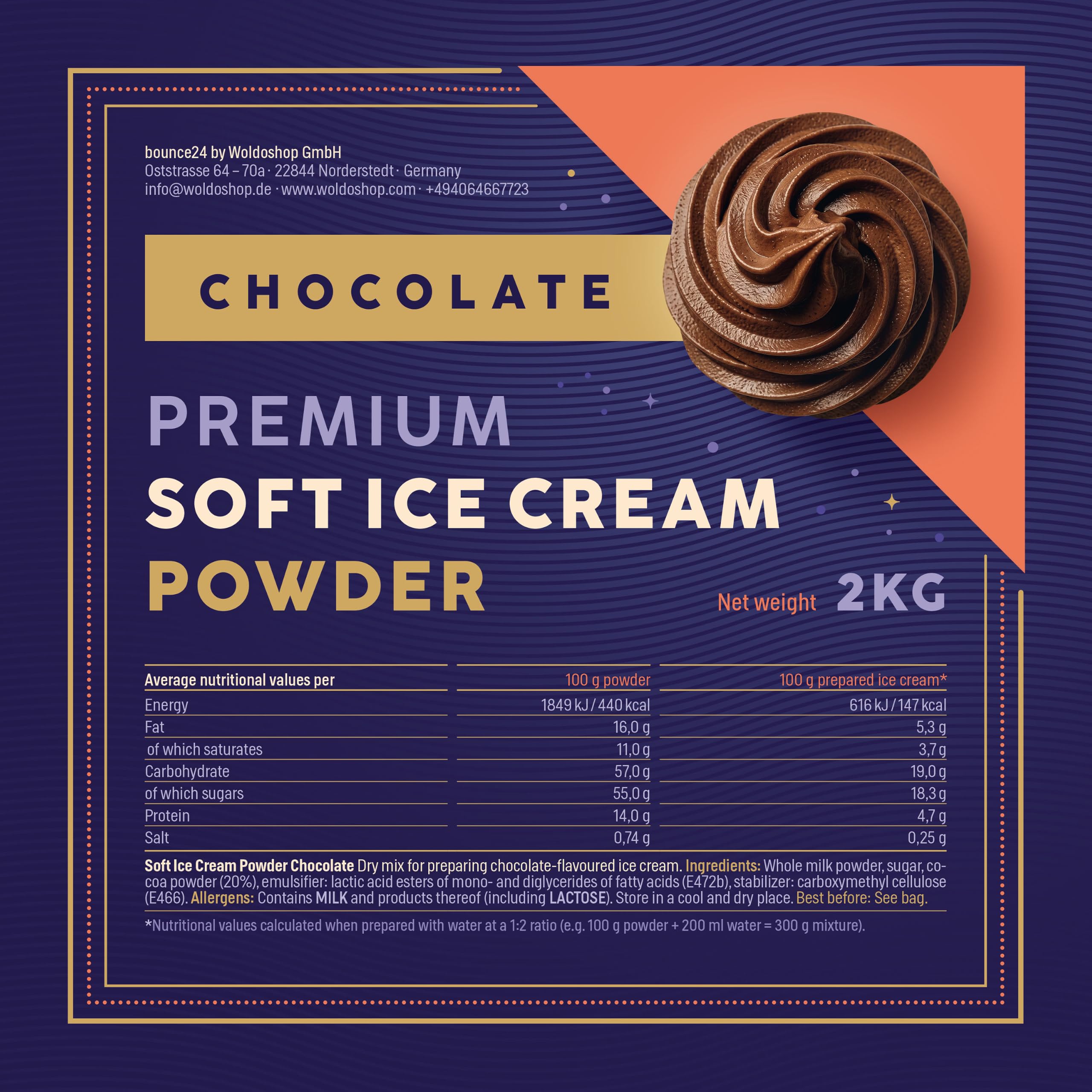 Bounce24 Lody w Proszku Czekolada 2 kg do Maszyny 100 Porcji