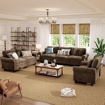 PHI VILLA Modular Sectional Sofa Set Living Room 3-Piece Extra Deep Seats | Mid-Century Modern 6-Seater Cloud Couch Set, Grayish Brown, Rolled Arms & Nailhead Trim, Wider Seats, Chenille Furniture Set