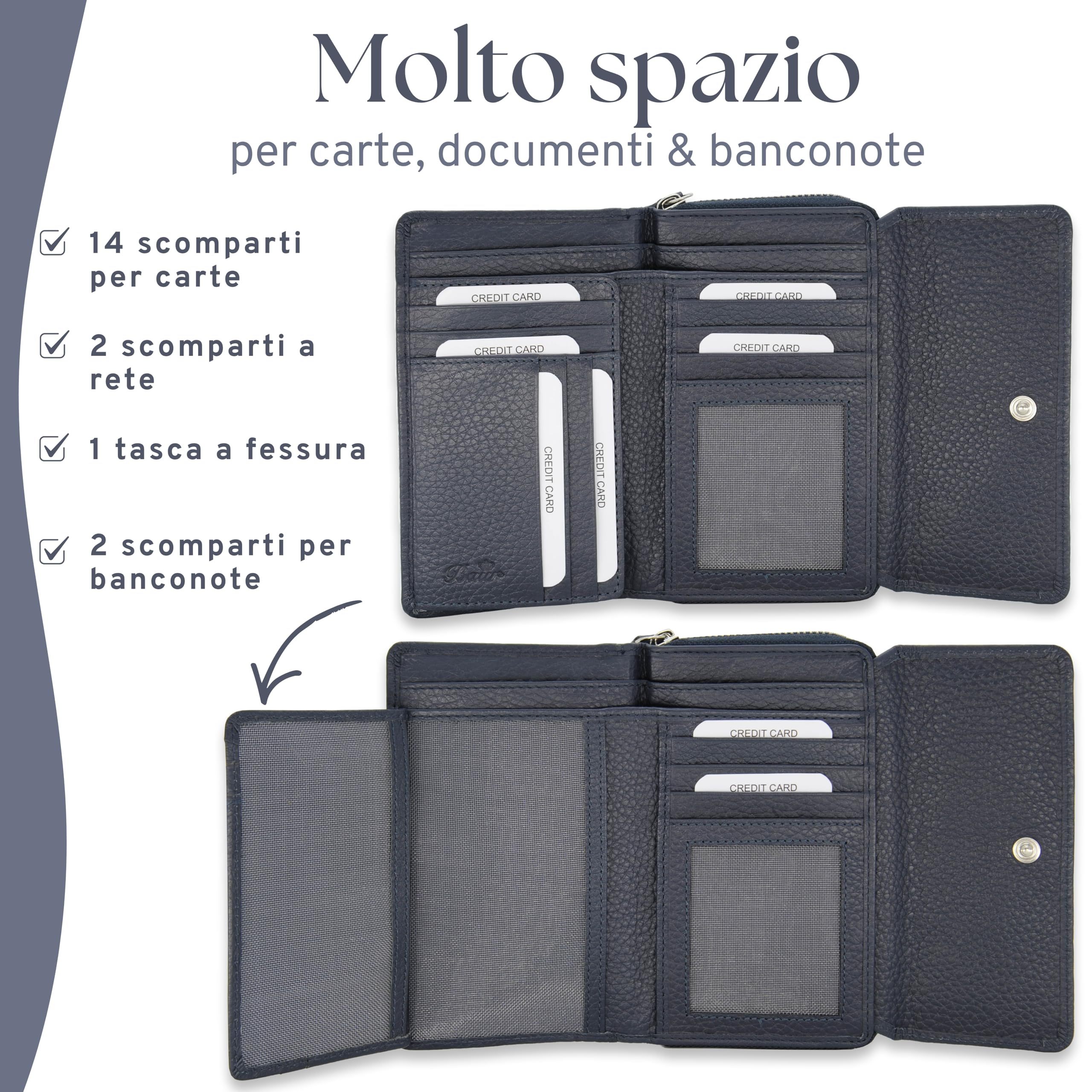 Baur portafoglio da donna – vera pelle con protezione RFID – portafoglio grande con 14 scomparti per carte – chiusura a bottone a pressione & tasca portamonete con cerniera (Blu scuro)