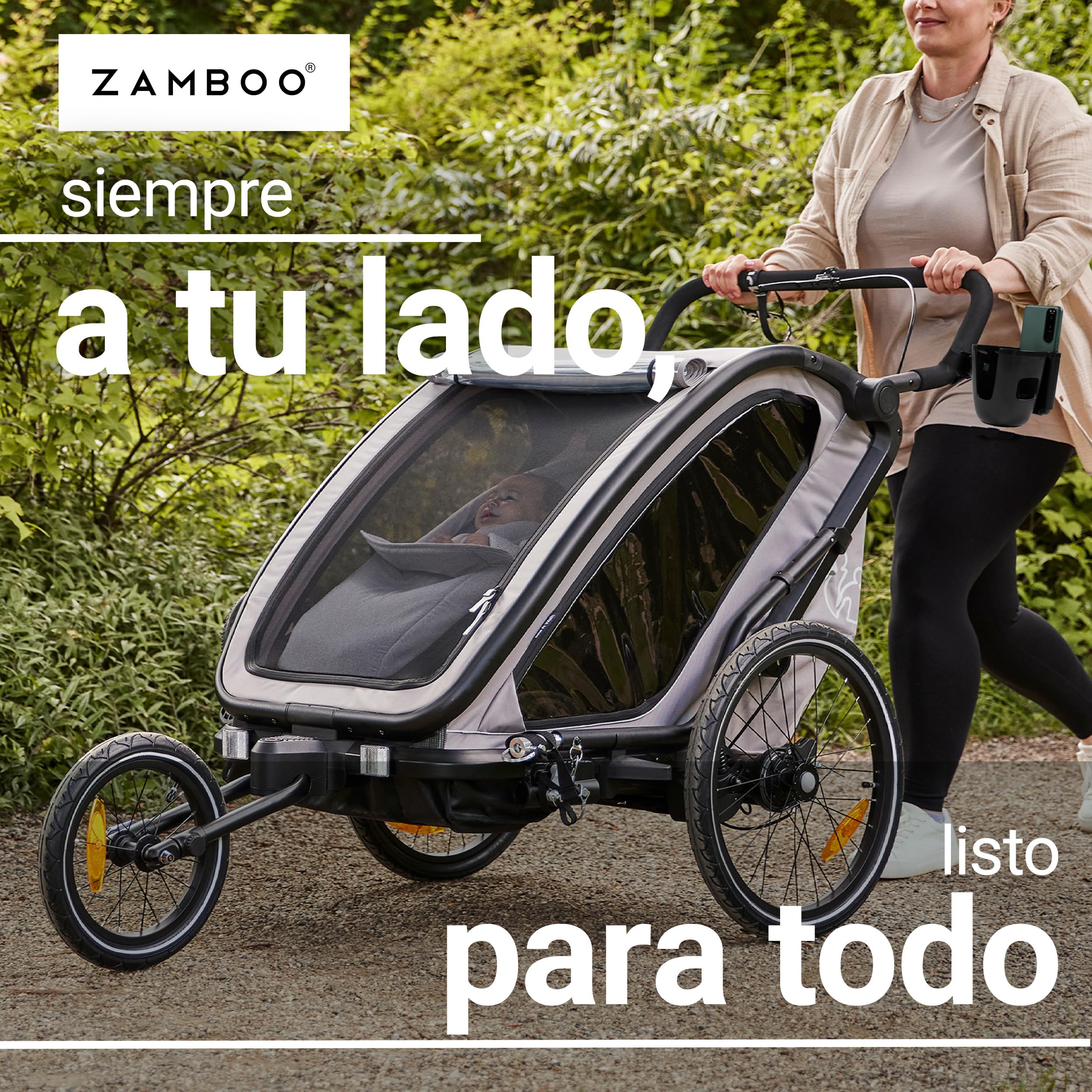 Zamboo Porta Botellas Carrito con Sujeción para Móvil | Soporte Bebidas Universal 2 en 1 para Vasos - Biberones y Smartphone | Giratorio 360° | Fácil de Montar - Negro