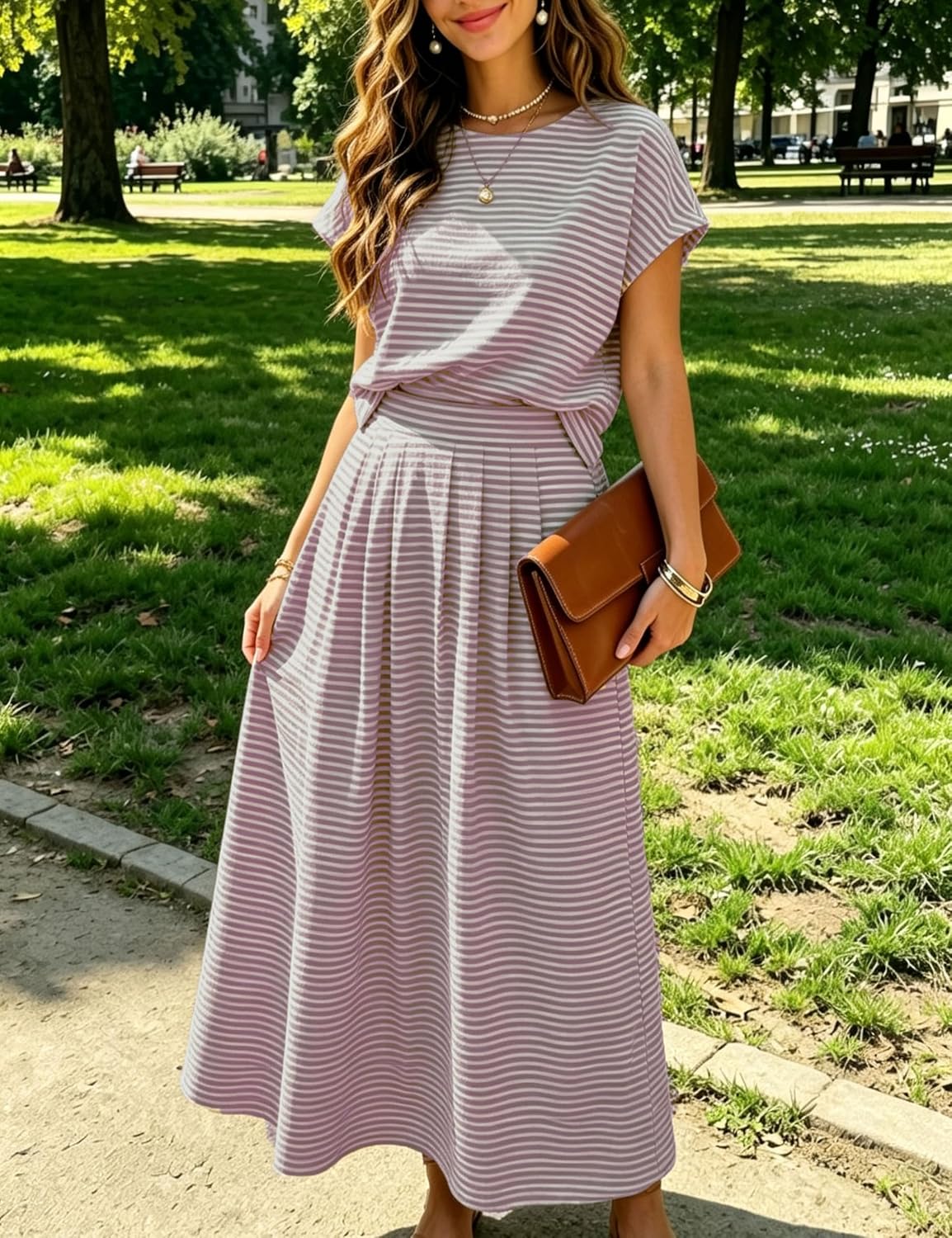 Zontroldy Women's Summer 2 Piece Outfits Striped Skirt Sets Cap Sleeve Crop Top Midi Dress Matching Travel Outfits