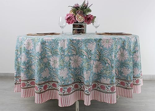 Ridhi Mantel 100% algodón para decoración de mesa de cocina, comedor, picnic, eventos, fiestas, bodas, bloques de impresión redonda, color turquesa,