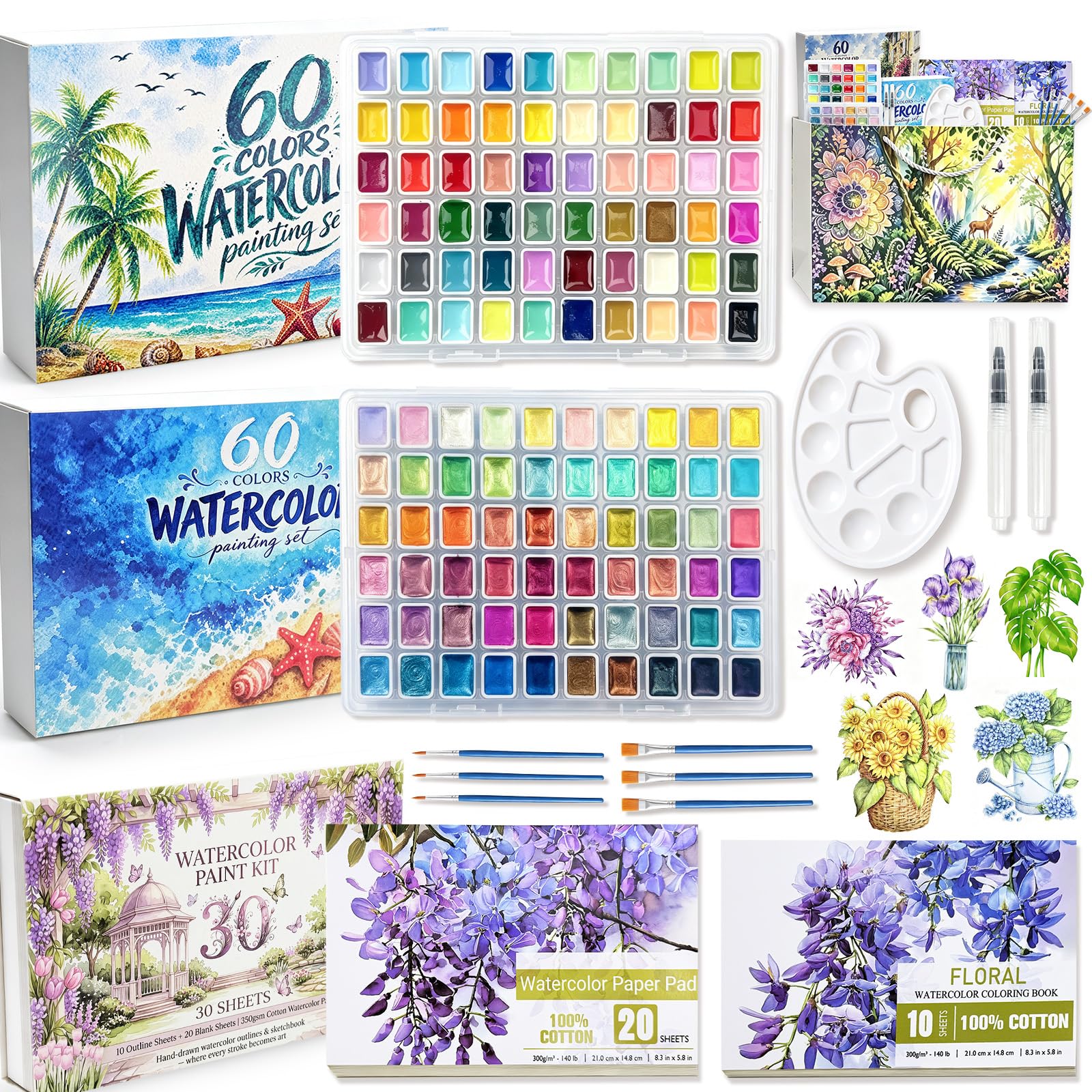 Set di 120 colori ad acquerello con 10 libri da colorare ad acquerello