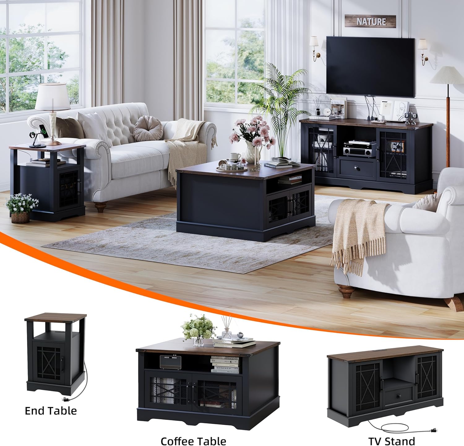 Square Coffee Table, Farmhouse Coffee Tables for Living Room, Wood Coffee Table with Storage, Black Coffee Table with Hidden Compartment, Rustic Center Coffee Table with Lift-up Top