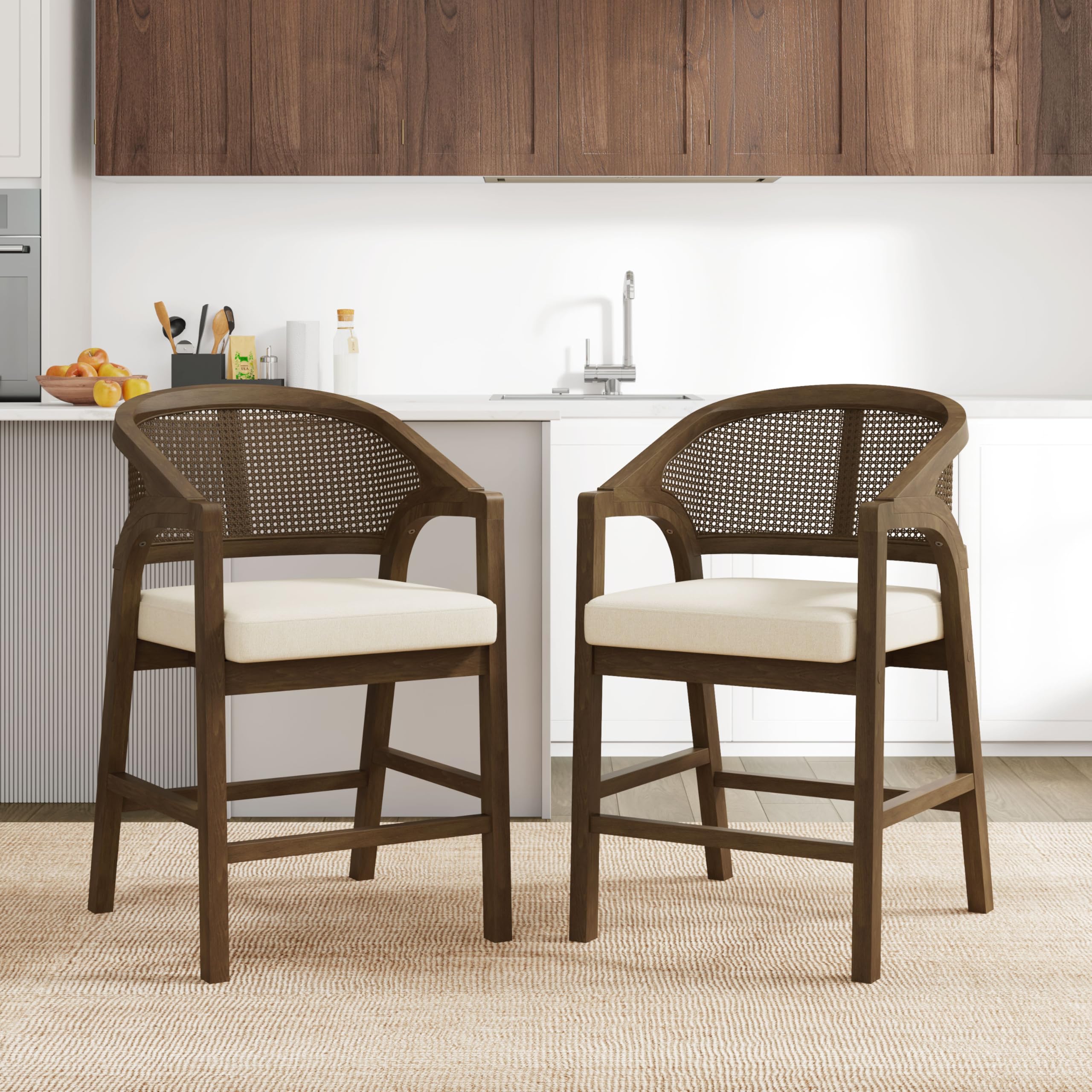 Morley Modern Bar Stool Set of 2 with Cushion, Wooden Kitchen Island Counter Stool with Footrest, Indoor Counter Height Barstool, Beige+Walnut