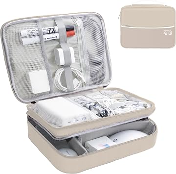 Electronics Organizer, Portable Cable Organizer Bags, Waterproof Electronic Accessories Storage Case for Cables, Cords, Charger, Phone Three Layer-Beige