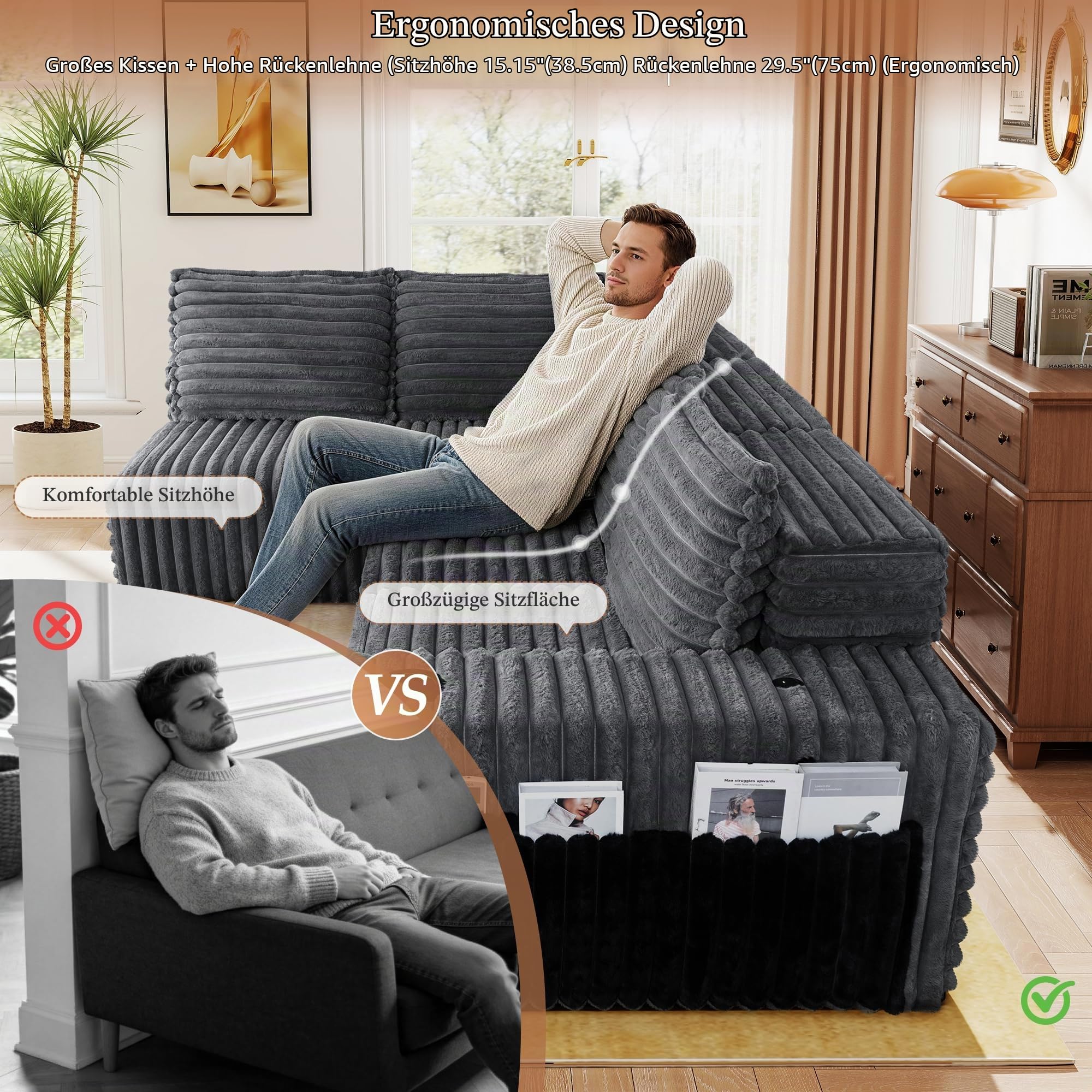 Sofa mit Schlaffunktion 280cm Breit L-förm Ecksofa mit Corduroy Fabric Modulares Cloud-Sofa mit 5 Kissen Boneless Couch mit USB-Ladeanschluss Schlafsofa für Schlafzimmer, Wohnzimmer (Grau)