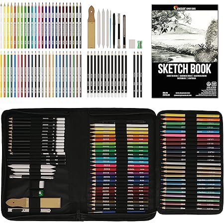 74-Piece Drawing Set - Beginner or Professional Tool Set, Pencil Case with Watercolor Pencils, Colored, Graphite, and Charcoal Pencils + Accessories - Sketch Book Included - Art Supplies for Adults