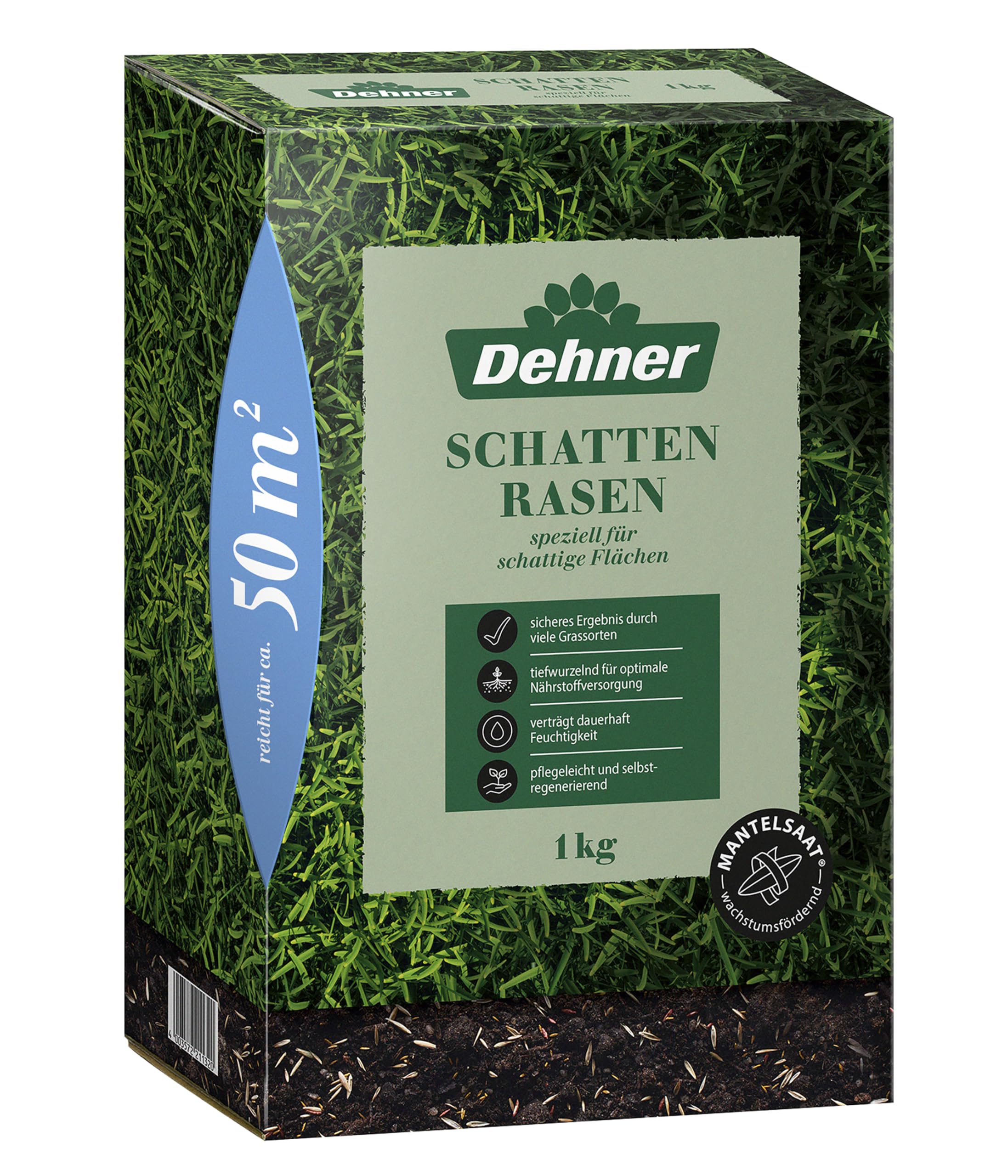 Dehner Saatgut Schattenrasen, hochwertige Rasensamen schnell keimend/selbstregenerierend, ideal für schattige/halbschattige Flächen, FSC-zertifizierte Verpackung, 1.25 kg für ca. 50 m² | pflegeleicht, schnell keimend, selbstregenerierend, ideal für schatt