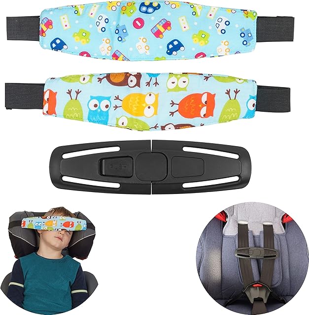 Child Seat Head Holder, Blue Design, 2+2 Pack, with Buckle Protection Clip, Sleep Position Controller for Child Seat, Pram, Head Holder Car Drive, Car Seat Attachment Sleep, Headband Strap Protection