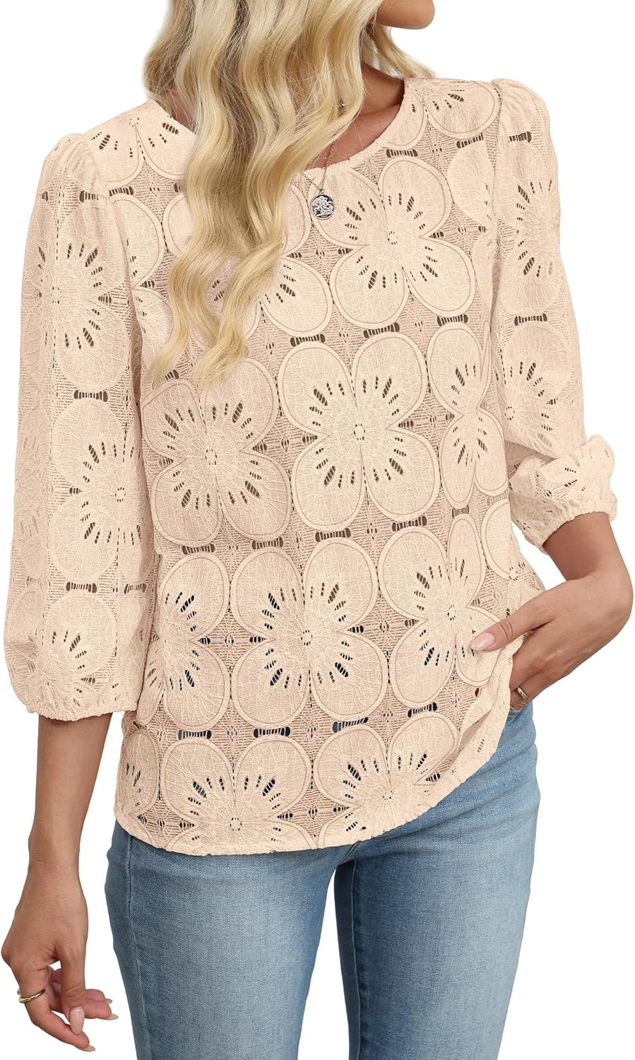 Sampeel Women Blouses Dressy Casual 3/4 Length Sleeve Tops Eyelet Lace Spring Summer Shirts Beach Vacation Clothes - Image 4