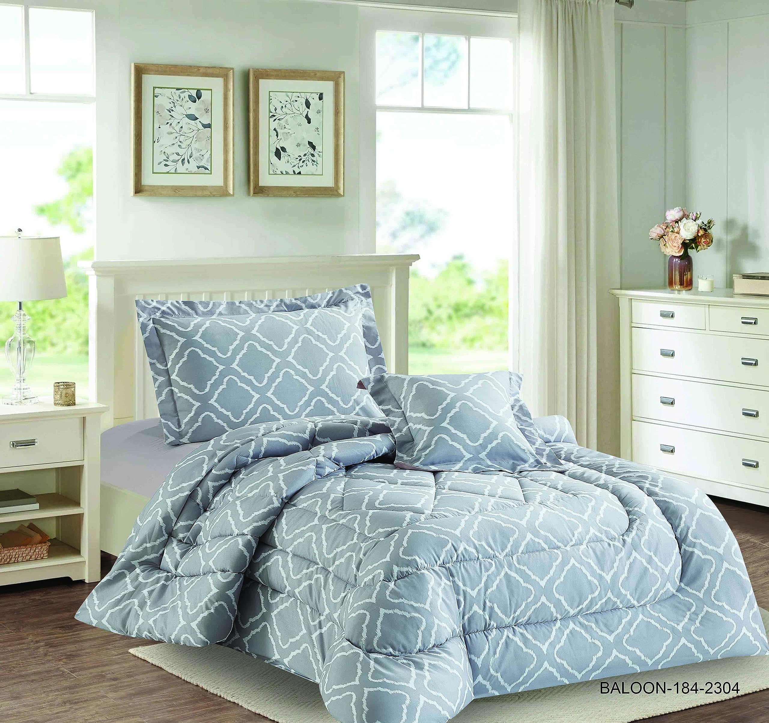 Elite Home Premium 4 Piece Single Comforter Set,with Pillow Cover, Fitted Sheet, and Pillowcase (Silver, Single)