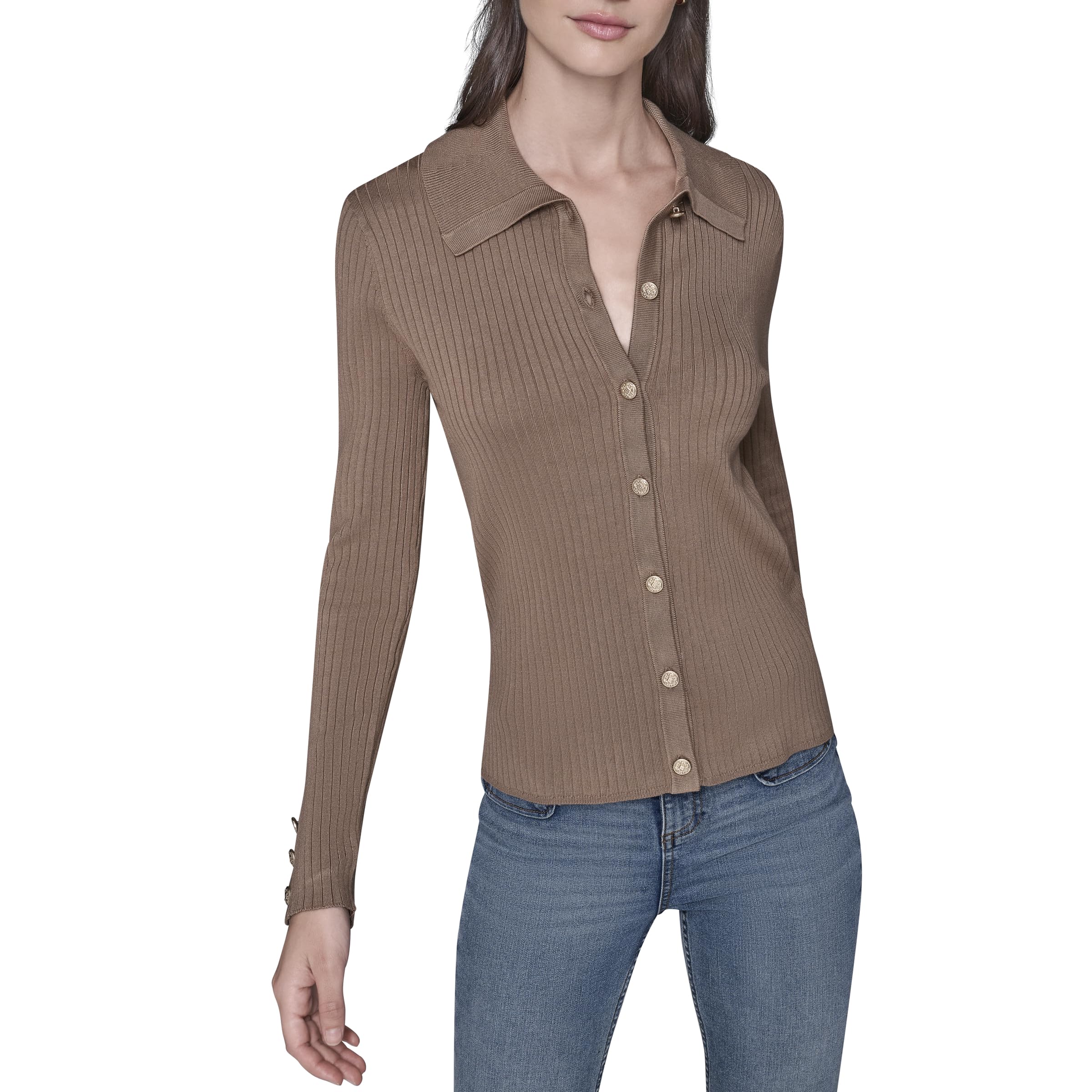 Karl Lagerfeld Womens Long Sleeve Collared Gold Buttons Essential Sweater