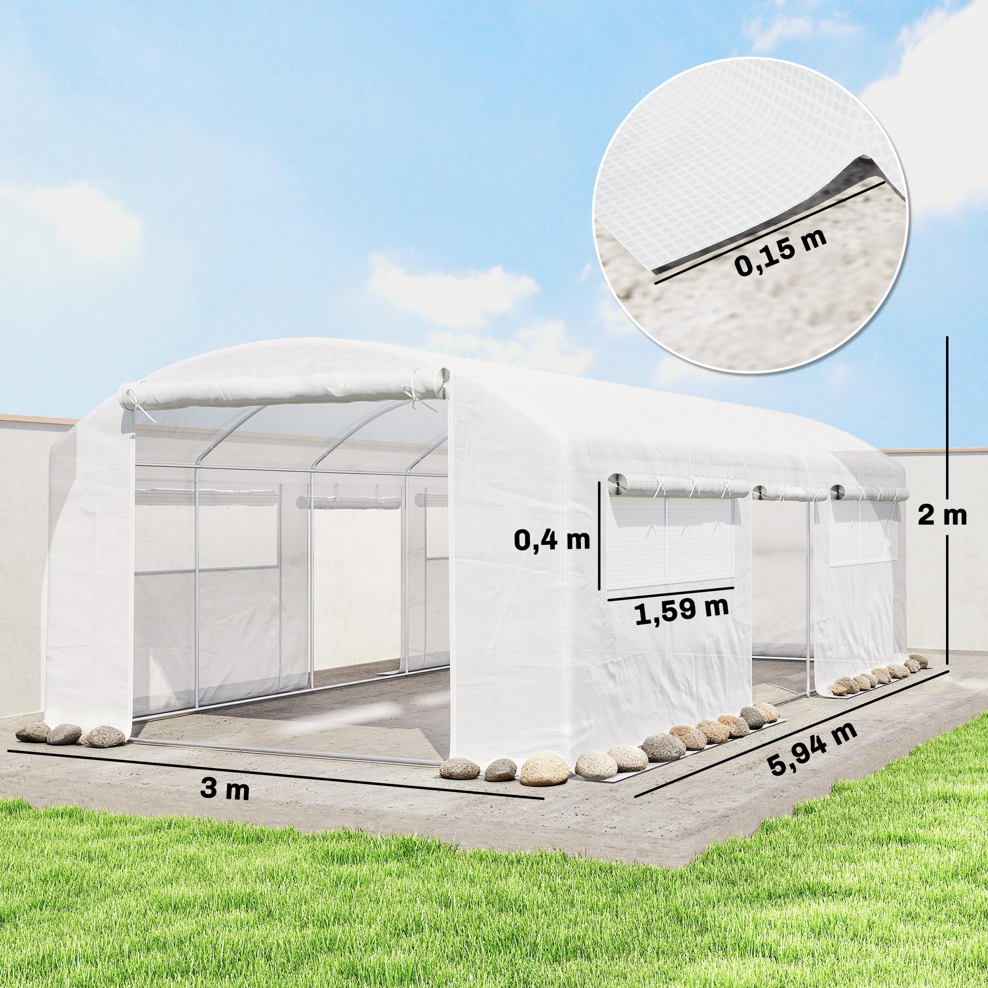 Outsunny Serre d'extérieur 6 x 3 x 2 m, Serre Tunnel avec 3 Portes enroulables, fenêtres en Filet, Couverture PE 140 g/m² Anti-UV et Cadre en Acier galvanisé, pour Cultures, Plantes, Blanc