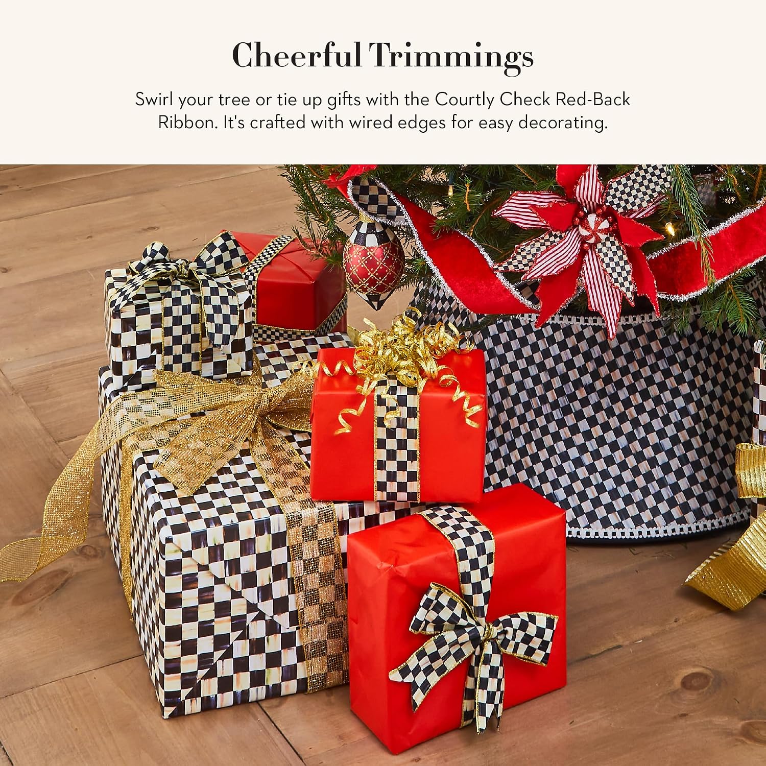 MACKENZIE-CHILDS Holiday Ribbon, Decorative Ribbon for Christmas Gift Wrapping and Wreaths, 2.5 Inches Wide, 10 Yards, Black-and-White Courtly Check Red Back