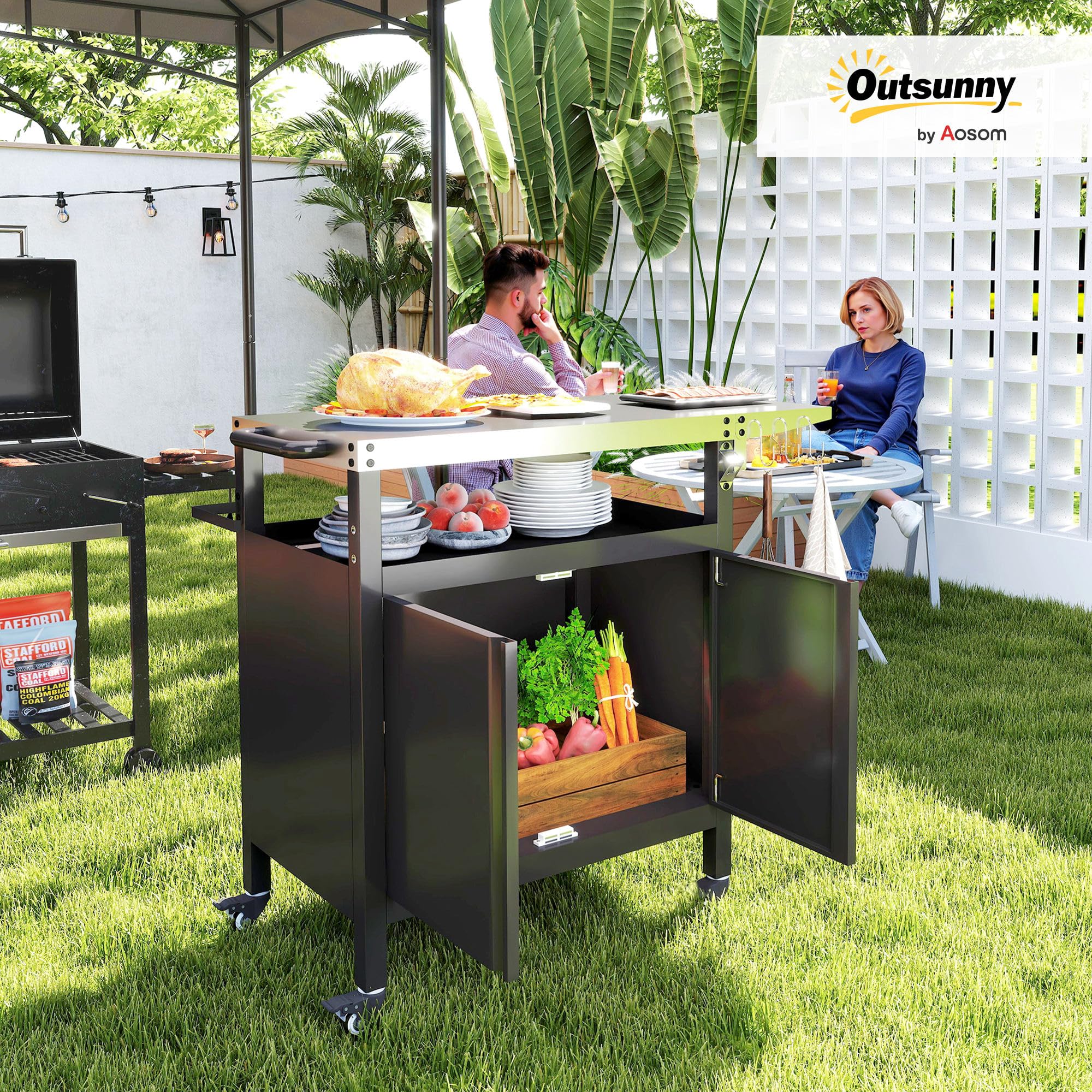 Outsunny Chariot de Barbecue avec Tablette Pliable, desserte pour Plancha en Acier Inoxydable, roulettes, 116 x 50 x 93 cm, Noir