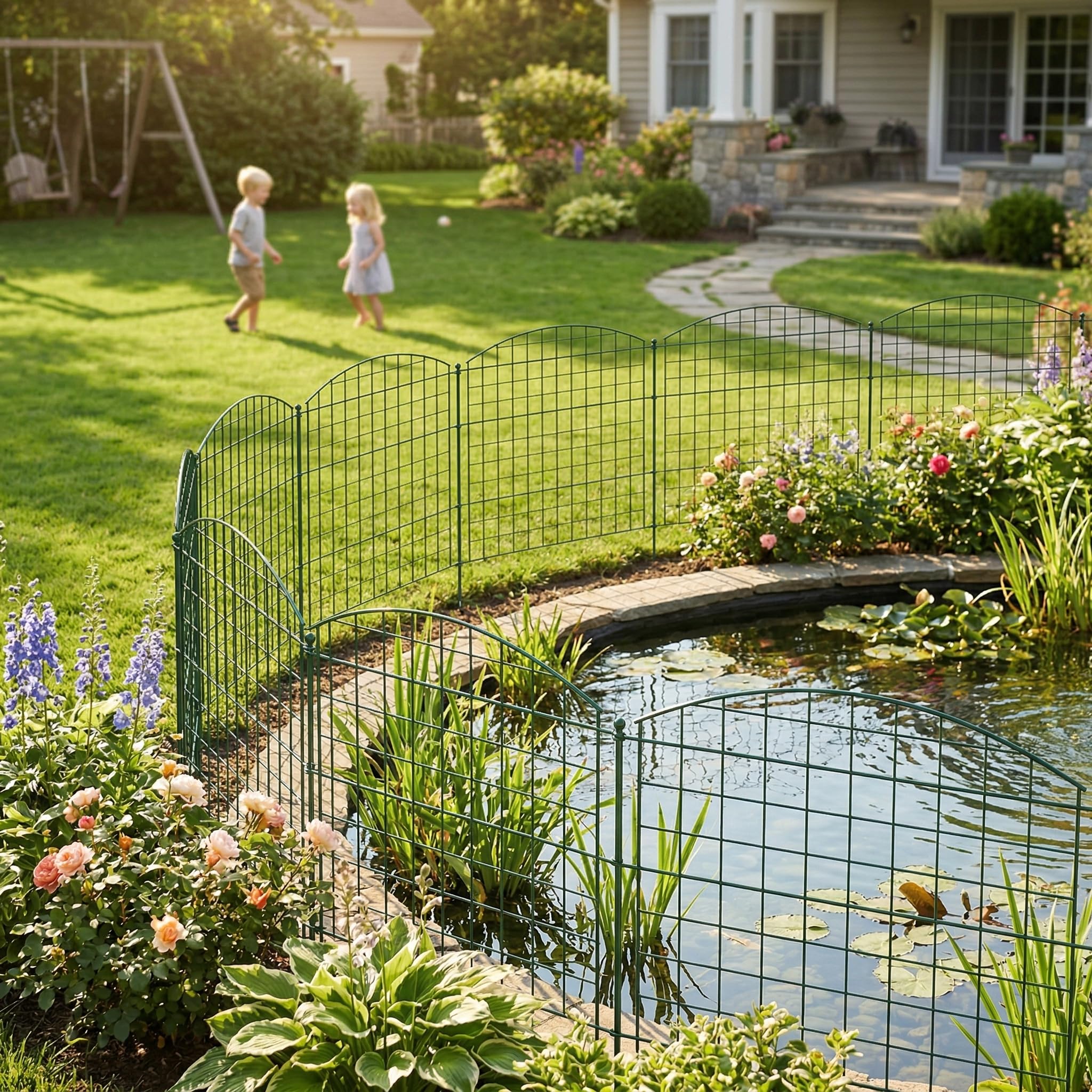 XMTECH Valla para estanque de jardín, valla de rejilla con 10 elementos de valla y 12 barras de fijación, verde, elementos decorativos de metal para jardín, estanque, parterres y perros, juego de