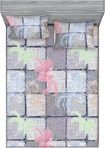 Miniatura 49 de Ambesonne Floral Fitted Sheet & Pillow Sham Set, Retro Wave Inspired Flower Motif with Space Inspired Effects Print, Decorative Printed 3 Piece Dark