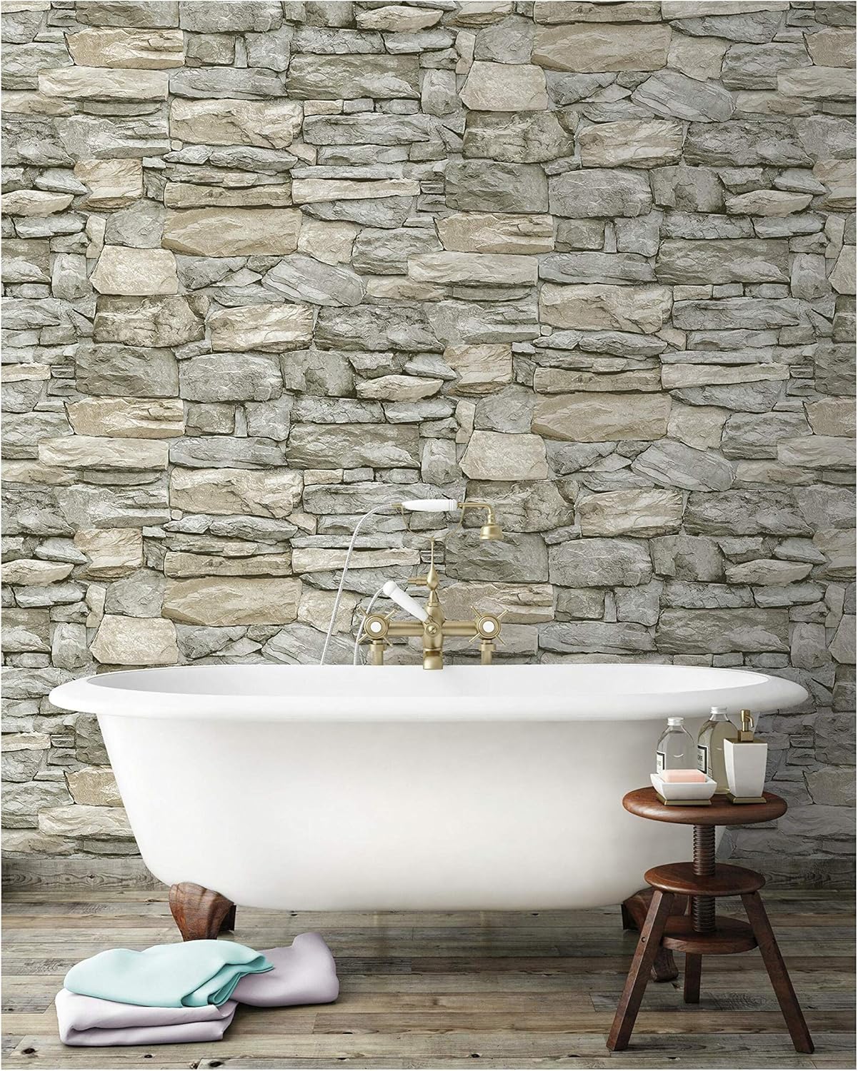 RoomMates RMK11962WP Gray and Taupe Stone Peel and Stick Wallpaper, Roll, Taupe
