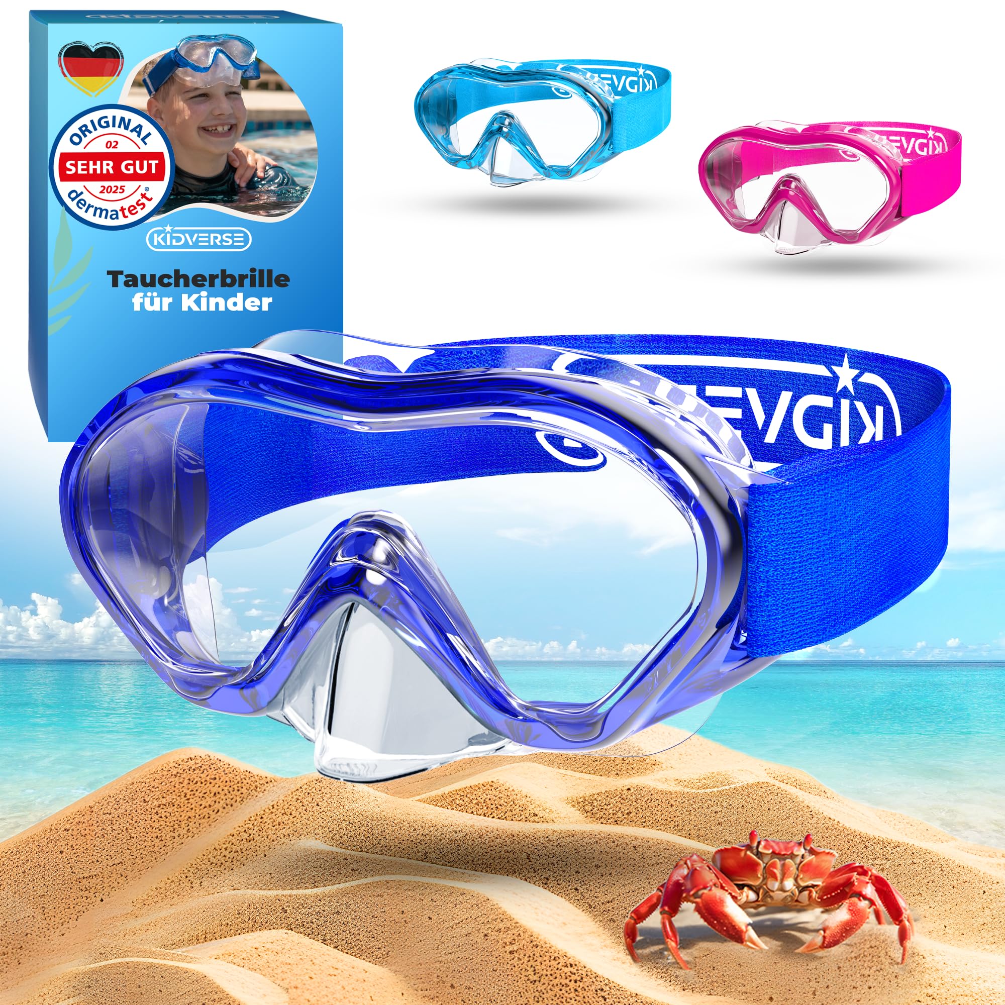 KIDVERSE Taucherbrille Kinder mit Nase - CE & Dermatest geprüfte Kinder Taucherbrille mit Stoffband oder Silikonband - Tauchmaske ab 5 Jahre für Mädchen & Jungen - Bequeme Kindertaucherbrille