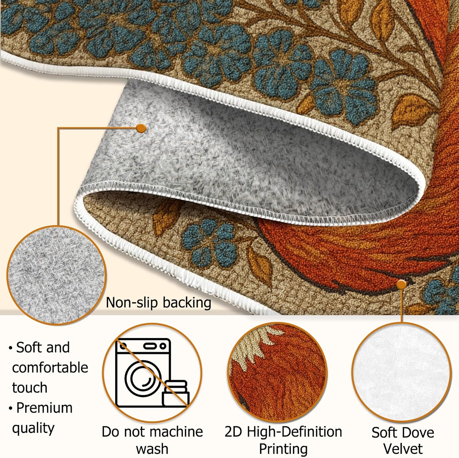 Fox Runner Rug, Nature Fanciful Flowers Leaves Fall Orange Low Pile Aesthetic Rectangle Home Floor Carpet for Kitchen Bedside Entryway Hallway Decor 2x6 Ft