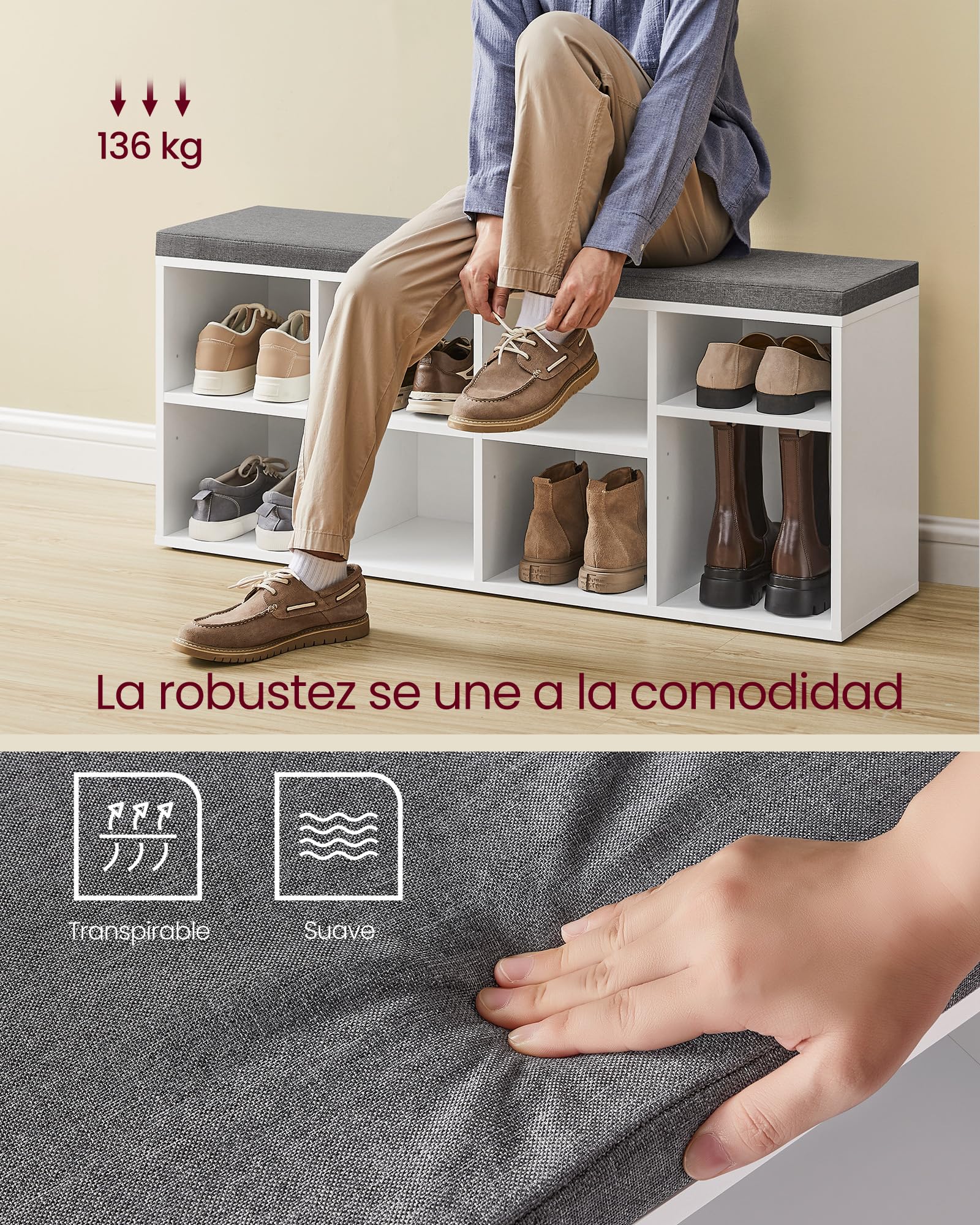 VASAGLE Banco Zapatero, Organizador Zapatero con 8 Compartimentos y 4 Estantes Ajustables, Asiento Acolchado, Compacto, para Entrada, Pasillo, Armario, Blanco Nube LHS238W14