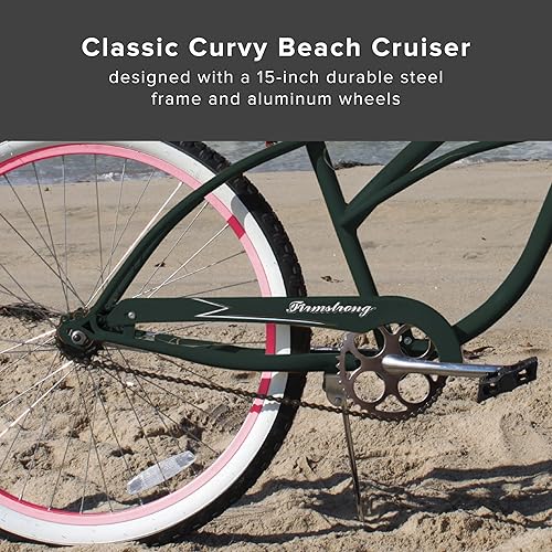 Miniatura 3 de Sixthreezero Urban Lady Beach Cruiser - Bicicleta híbrida de 3 velocidades para mujer Verde militar con llantas rosadas con asiento negro/puños
