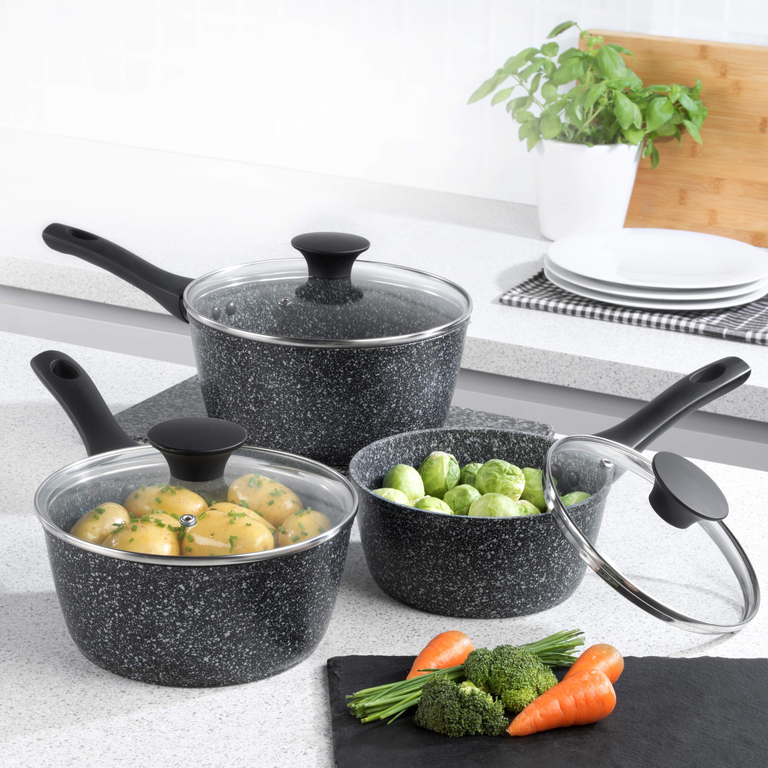 Salter Megastone Thermo Collar Lot De 3 Casseroles Avec Couvercles – Antiadhésif Ultra Résistant, Indicateur De Chaleur Intelligent, Compatible Induction