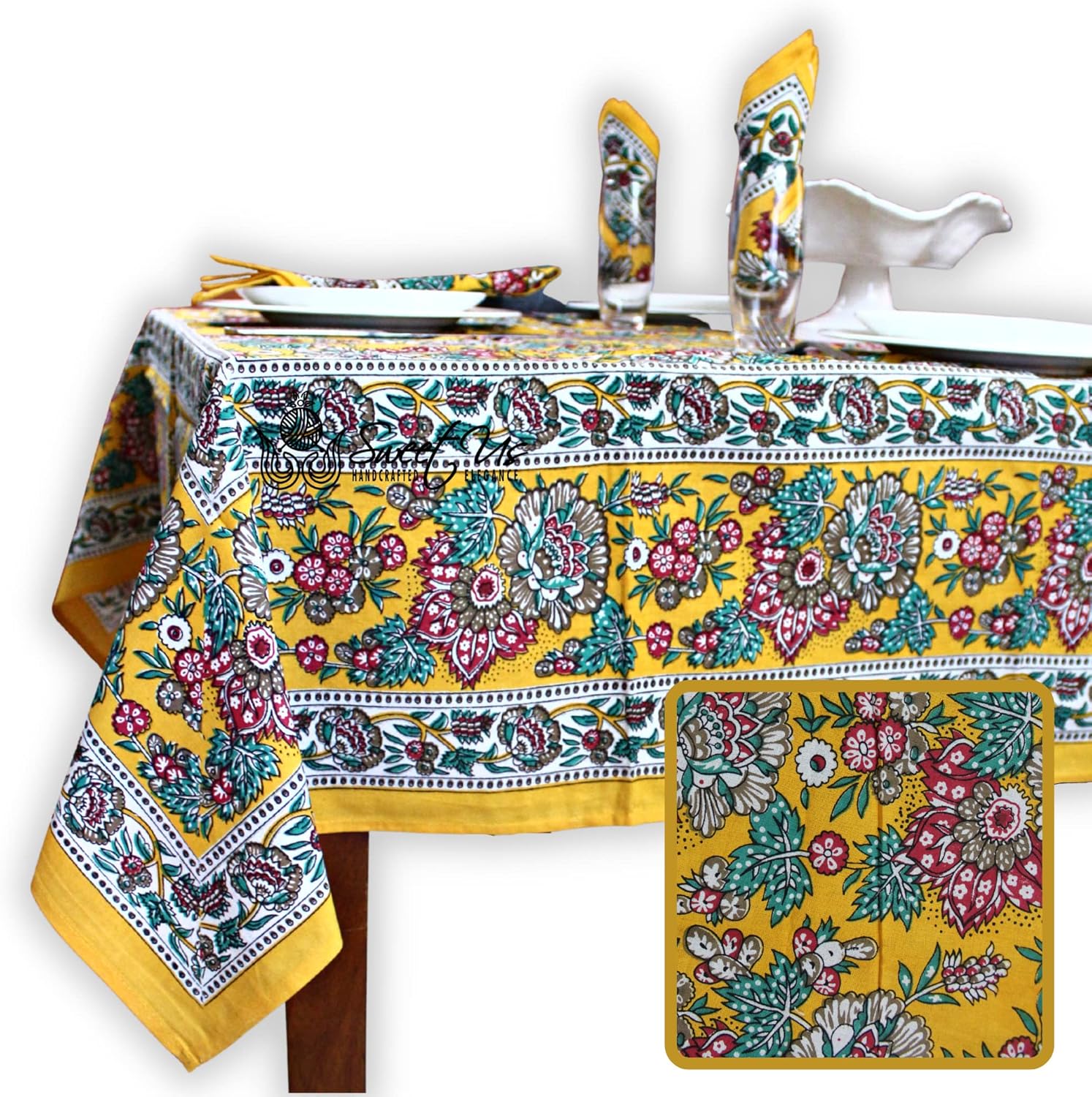 Sweet Us French Country Floral Tablecloth for Rectangle Tables, Cotton Floral Kitchen Dining Table Cloth, Linen Yellow Green White Red, Table Cover for Indoors and Outdoors