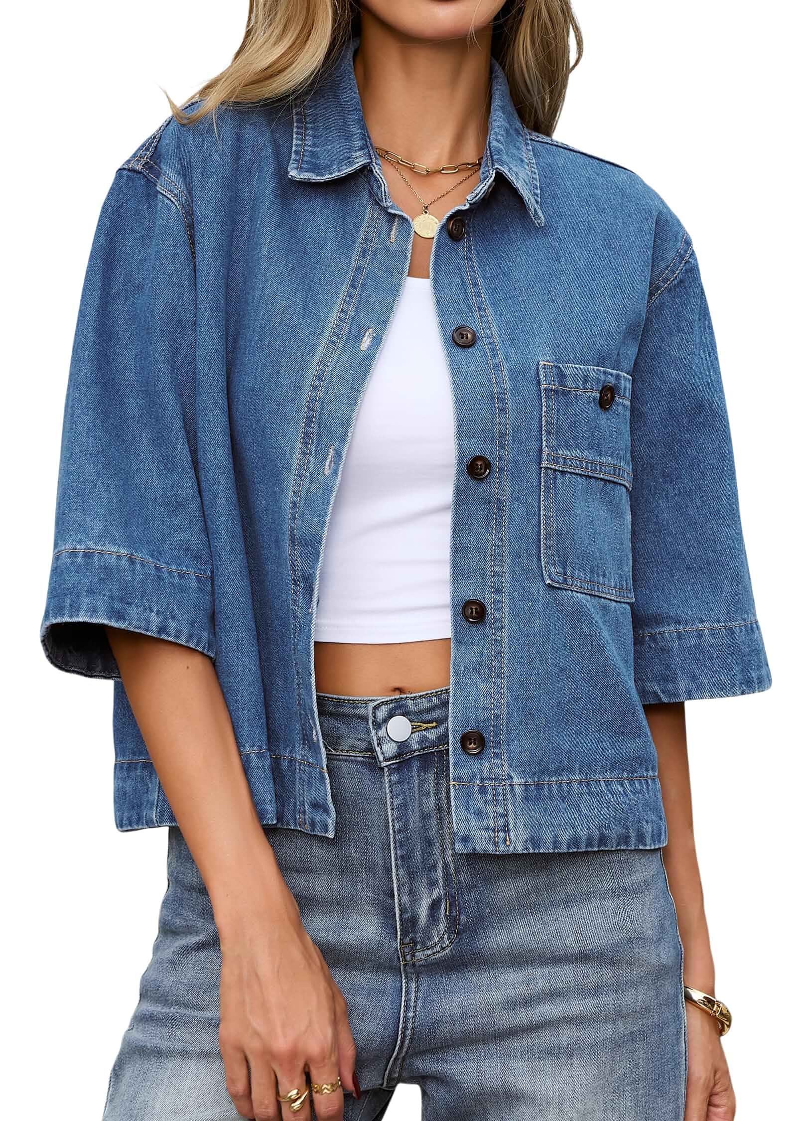 Allimy Womens Classic Denim Washed Loose Jeans Demin Jackets Outer Outfit Casual Loose Fit Button Down Lapel Collar Half Sleeve Denim Jean Jackets Outfits