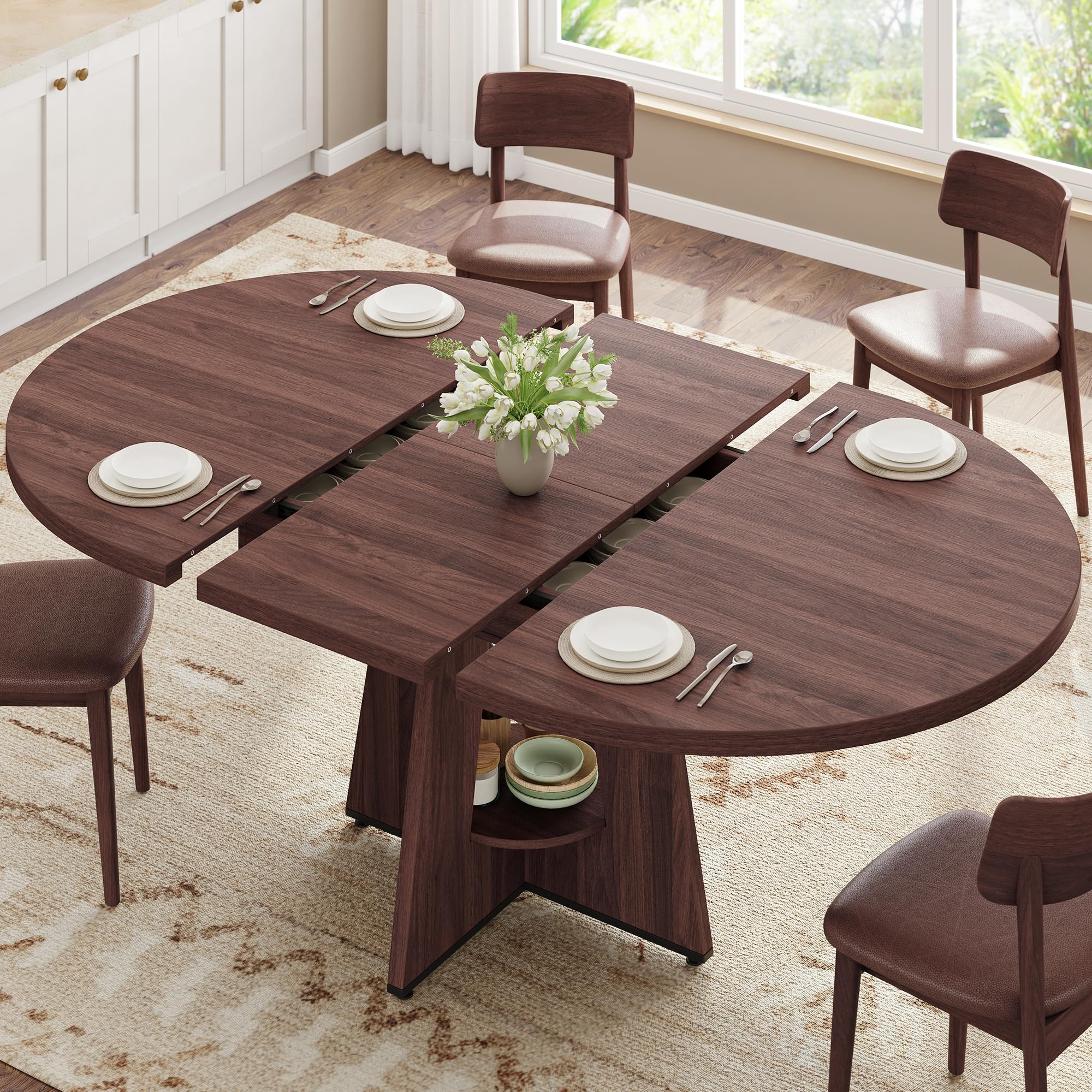 43''–59'' Extendable Dining Table, Round Kitchen Dining Room Dinner Table with for 4 6 8 People, Space Saving Modern Oval Expandale Furniture with