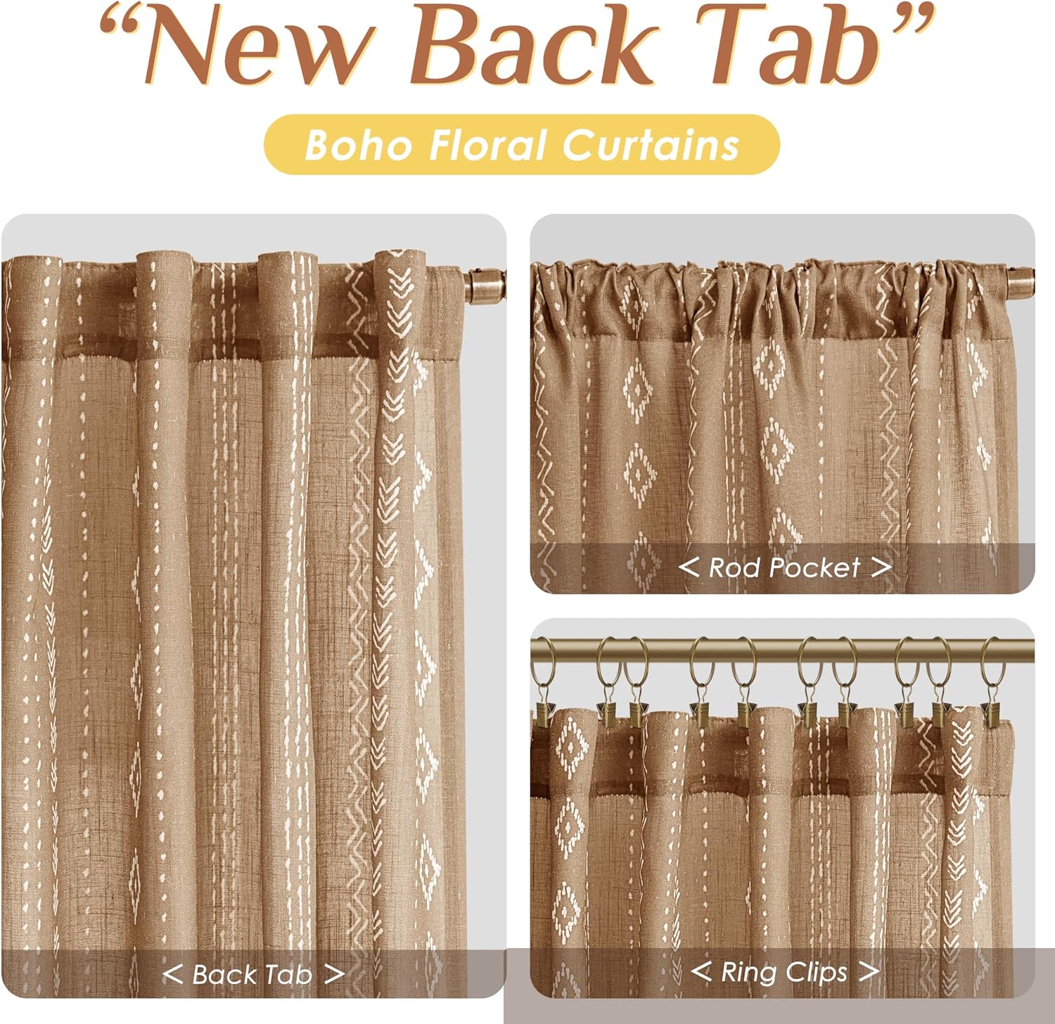 Light Brown Boho Linen Curtains 84 Inch Length 2 Panel Set with Geometric Stripe Pattern Light Filtering Semi Sheer Drapes for Living Room Bedroom Textured Rustic Neutral Window Curtain Panels